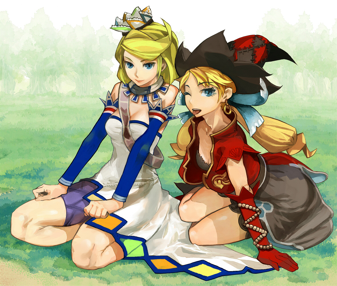 forgotten artist, ryman, diana (romancing saga), diana (saga), myriam (saga), romancing saga, romancing saga minstrel song, saga, bad id, bad pixiv id, 2girls, blonde hair, blue eyes, detached sleeves, elbow gloves, fantasy, gloves, hat, kneeling, multiple girls, one eye closed, wink