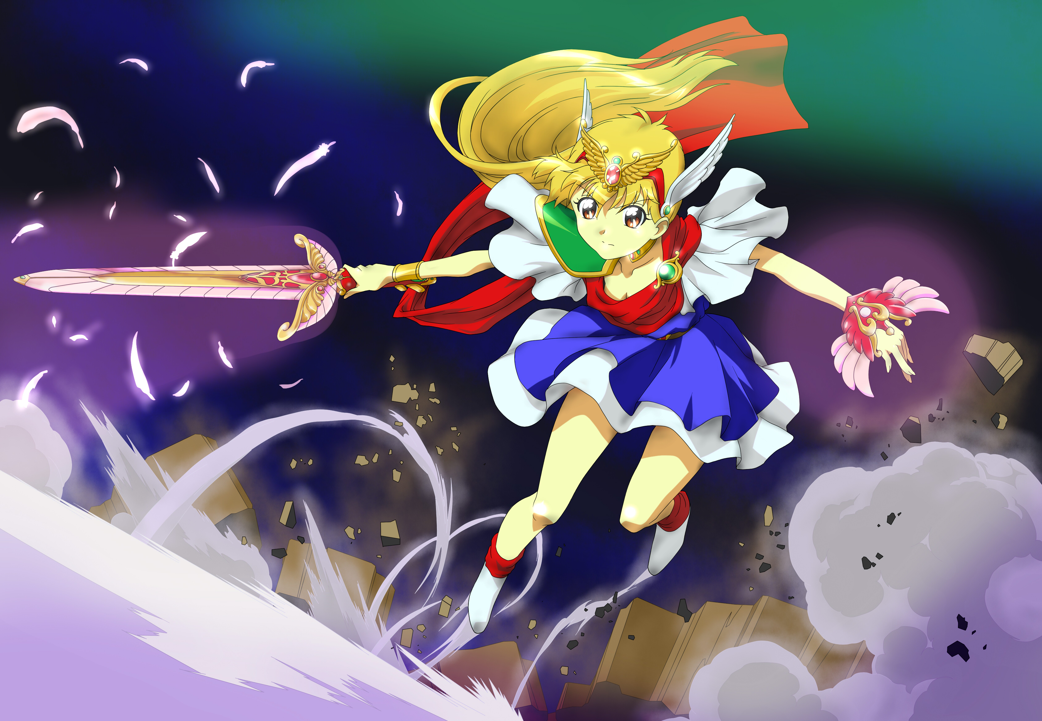 chacha, chacha (akazukin chacha), magical princess, akazukin chacha, absurdres, highres, 1990s (style), 1girl, blonde hair, brown eyes, cute weapon, female focus, hairband, long hair, magical girl, retro artstyle, scarf, shoes, skirt, solo, sword, weapon, wings