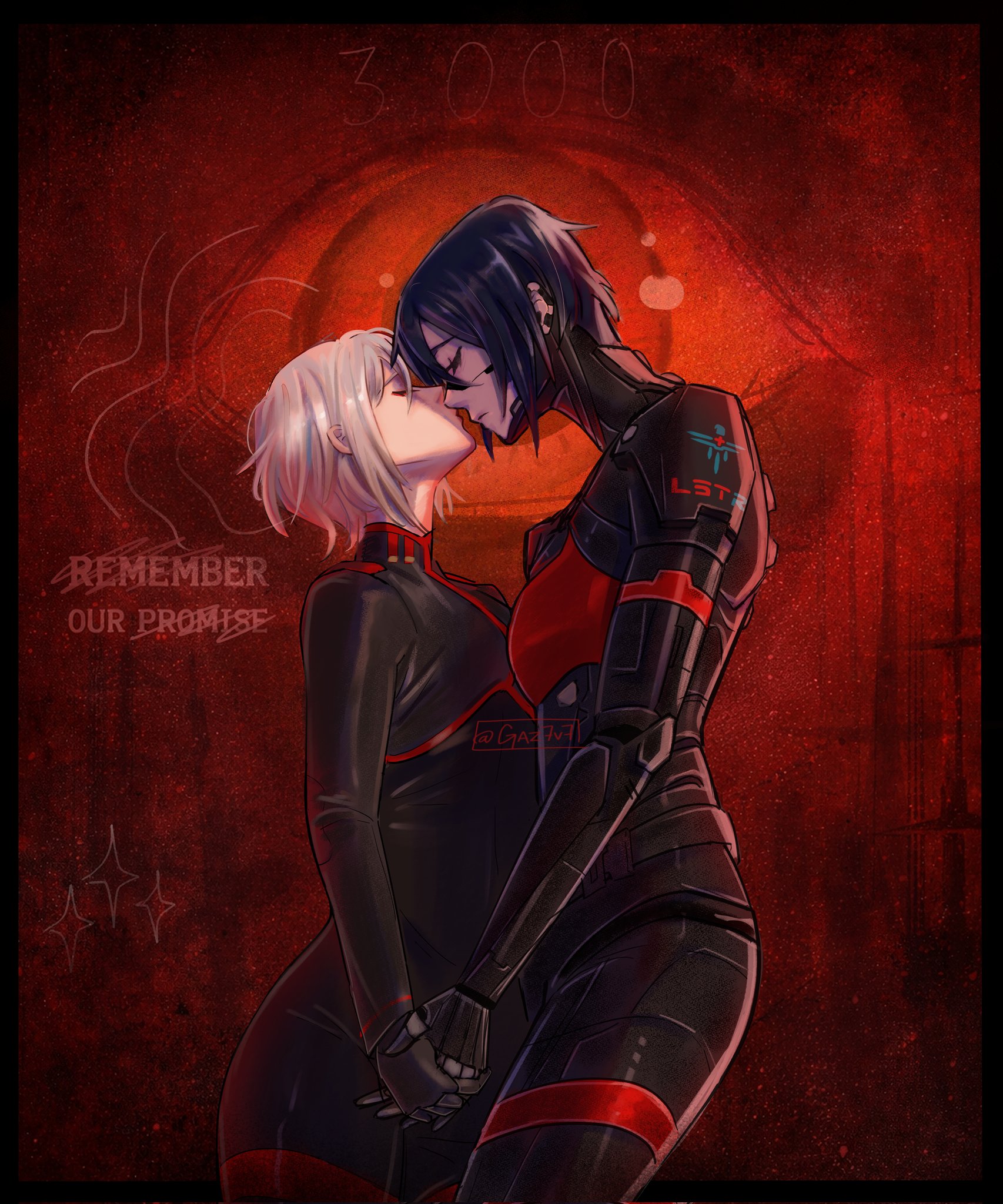 gaz7v7, ariane yeong, elster (signalis), signalis, commentary, english commentary, highres, 2girls, android, black bodysuit, black hair, bodysuit, closed eyes, closed mouth, earclip, holding hands, multiple girls, red background, short hair, white hair, yuri