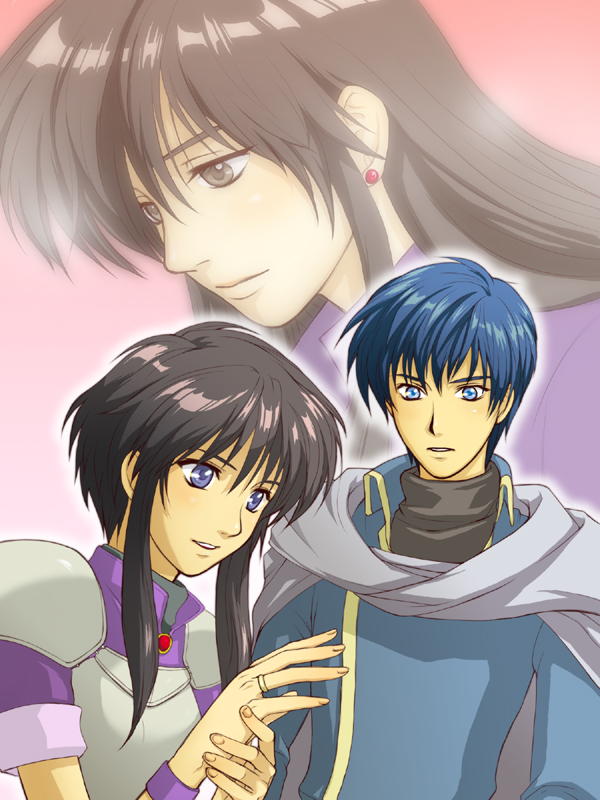 musakoji, ayra (fire emblem), finn (fire emblem), larcei (fire emblem), fire emblem, fire emblem: genealogy of the holy war, nintendo, 1boy, 2girls, age difference, armor, black hair, cape, earrings, grey eyes, jewelry, long hair, mother and daughter, multiple girls, purple eyes, ring, short hair