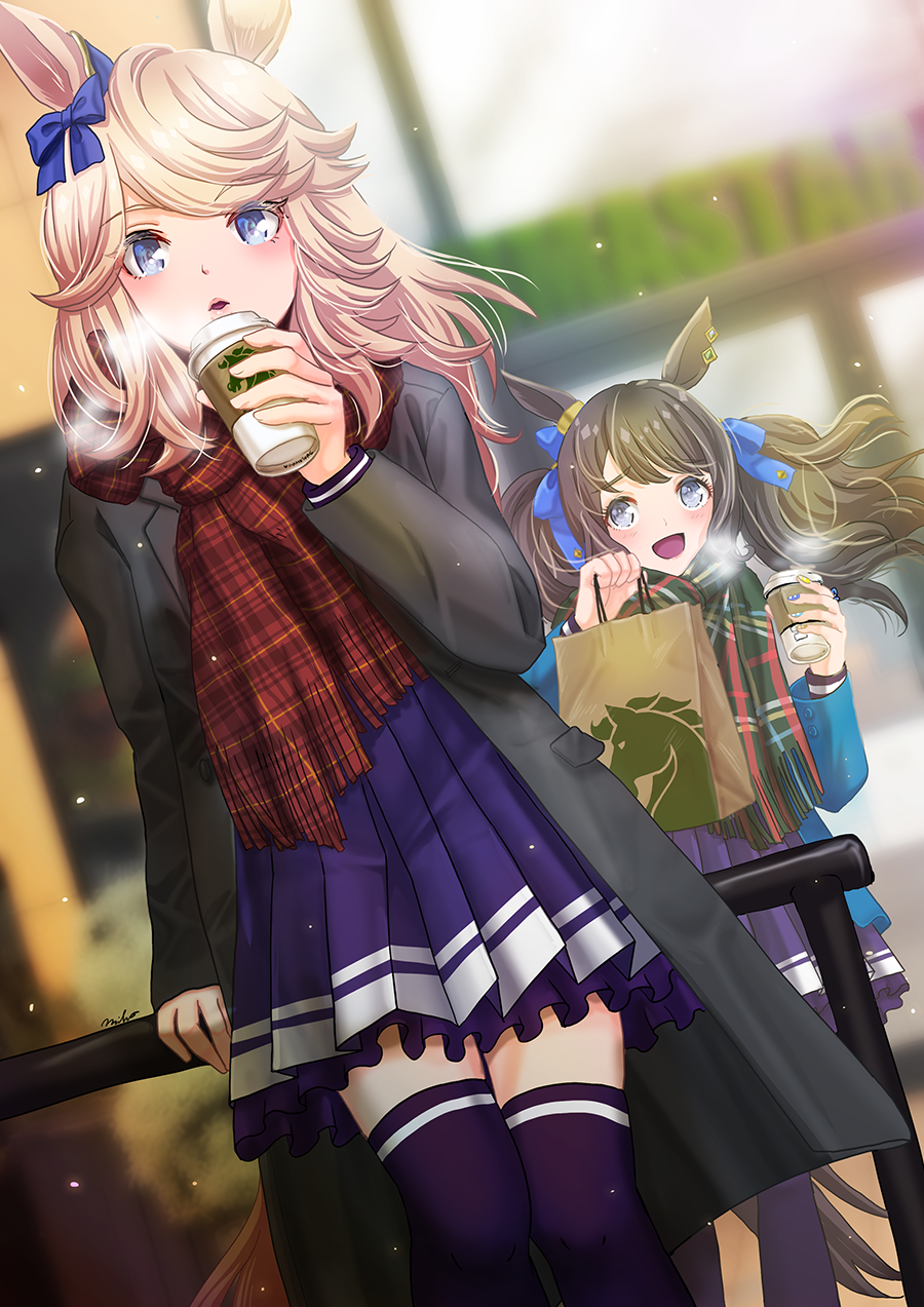 otono (bkt4b), gold city (umamusume), tosen jordan (umamusume), umamusume, commentary request, highres, 2girls, animal ears, bag, black coat, blonde hair, blue bow, blue eyes, blue jacket, blush, bow, breath, brown hair, coat, cup, disposable coffee cup, disposable cup, ear bow, green scarf, holding, holding bag, holding cup, horse ears, horse girl, horse tail, jacket, long hair, long sleeves, multiple girls, open clothes, open mouth, pleated skirt, purple serafuku, purple shirt, purple skirt, purple thighhighs, red scarf, sailor collar, sailor shirt, scarf, school uniform, serafuku, shirt, skirt, smile, tail, thighhighs, tracen school uniform, twintails, zettai ryouiki
