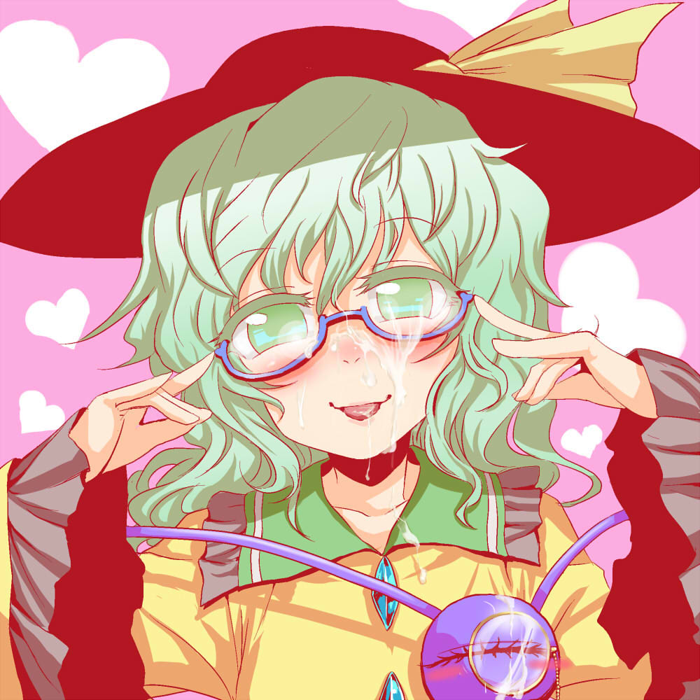 kumadano, komeiji koishi, touhou, bad id, bad pixiv id, 1girl, bespectacled, blush, cum, cum on body, cum on clothes, cum on eyewear, facial, female focus, glasses, green eyes, green hair, hat, heart, matching hair/eyes, monocle, monocle chain, short hair, smile, solo, tongue