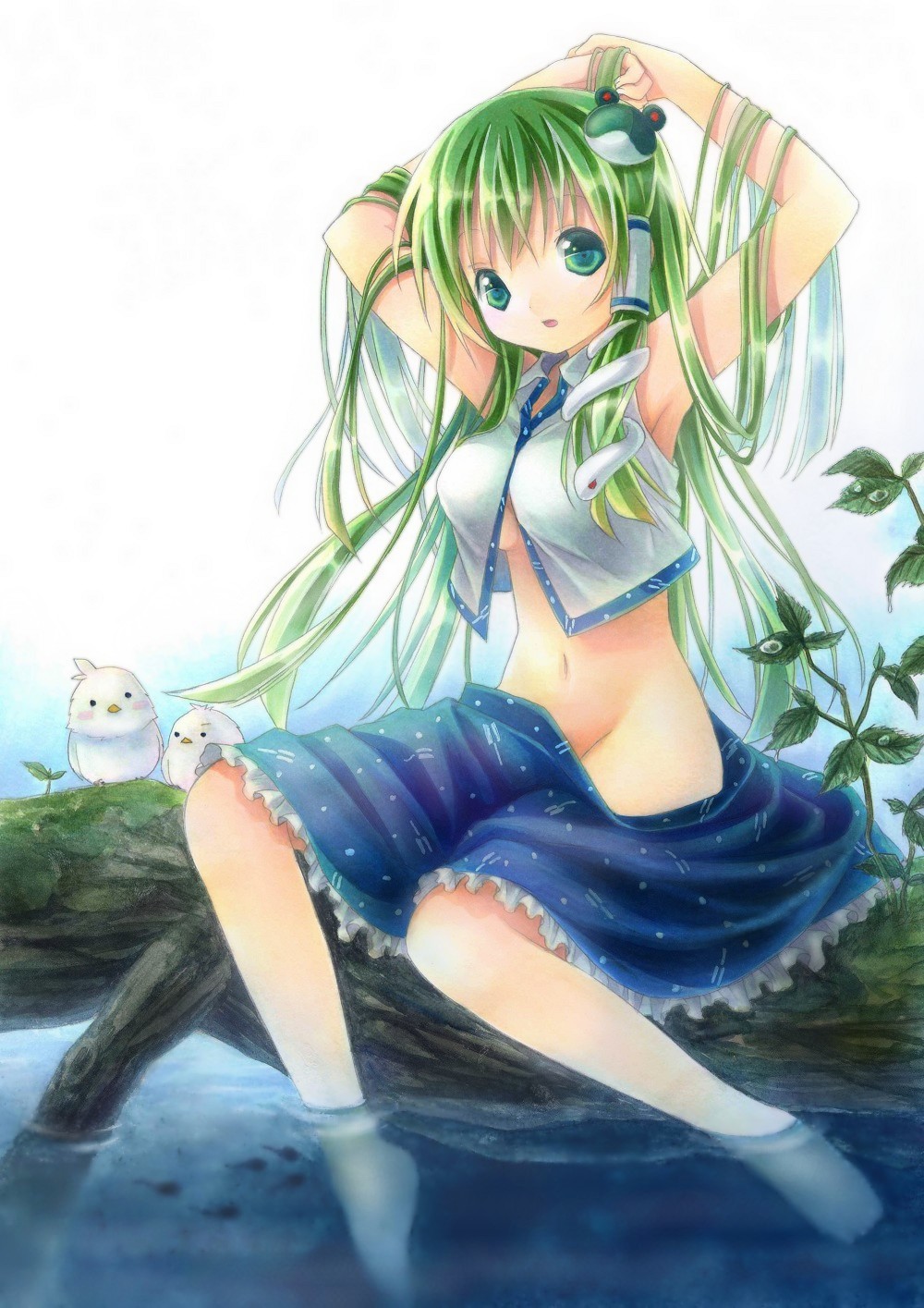 hikami reo, kagami leo, kochiya sanae, touhou, bad id, bad pixiv id, highres, marker (medium), painting (medium), traditional media, watercolor (medium), 1girl, armpits, arms up, barefoot, bird, breasts, cleavage, female focus, frog, green eyes, green hair, groin, hair ornament, long hair, matching hair/eyes, midriff, navel, no panties, sitting, snake, soaking feet, solo, tree, wading, water