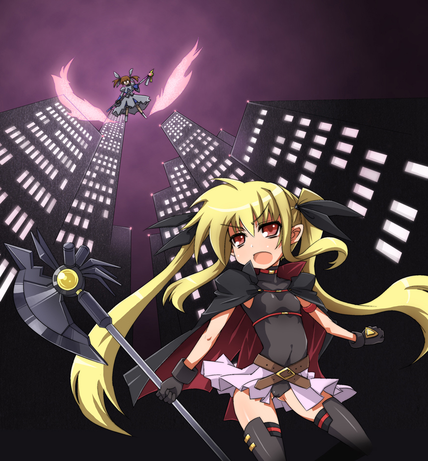 sasamashin, bardiche (axe form) (nanoha), bardiche (nanoha), fate testarossa, fate testarossa (movie 1st form), raising heart, takamachi nanoha, lyrical nanoha, mahou shoujo lyrical nanoha, mahou shoujo lyrical nanoha the movie 1st, winged footwear, 10s, 2girls, arm belt, belt, blonde hair, brown hair, cape, city, gloves, glowing, glowing eyes, hair ribbon, long hair, magical girl, multiple girls, night, perspective, red eyes, red hair, ribbon, shoes, sky, thighhighs, twintails, white devil, wings