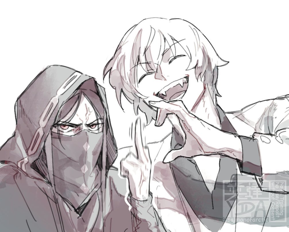 salmonofarctic, jester karture, no name assassin (fate), fate/strange fake, fate (series), commentary, english commentary, 1boy, 1girl, :d, ^ ^, closed eyes, covered mouth, fangs, heart hands failure, looking at viewer, middle finger, open mouth, short hair, simple background, sketch, smile, veins, watermark, white background