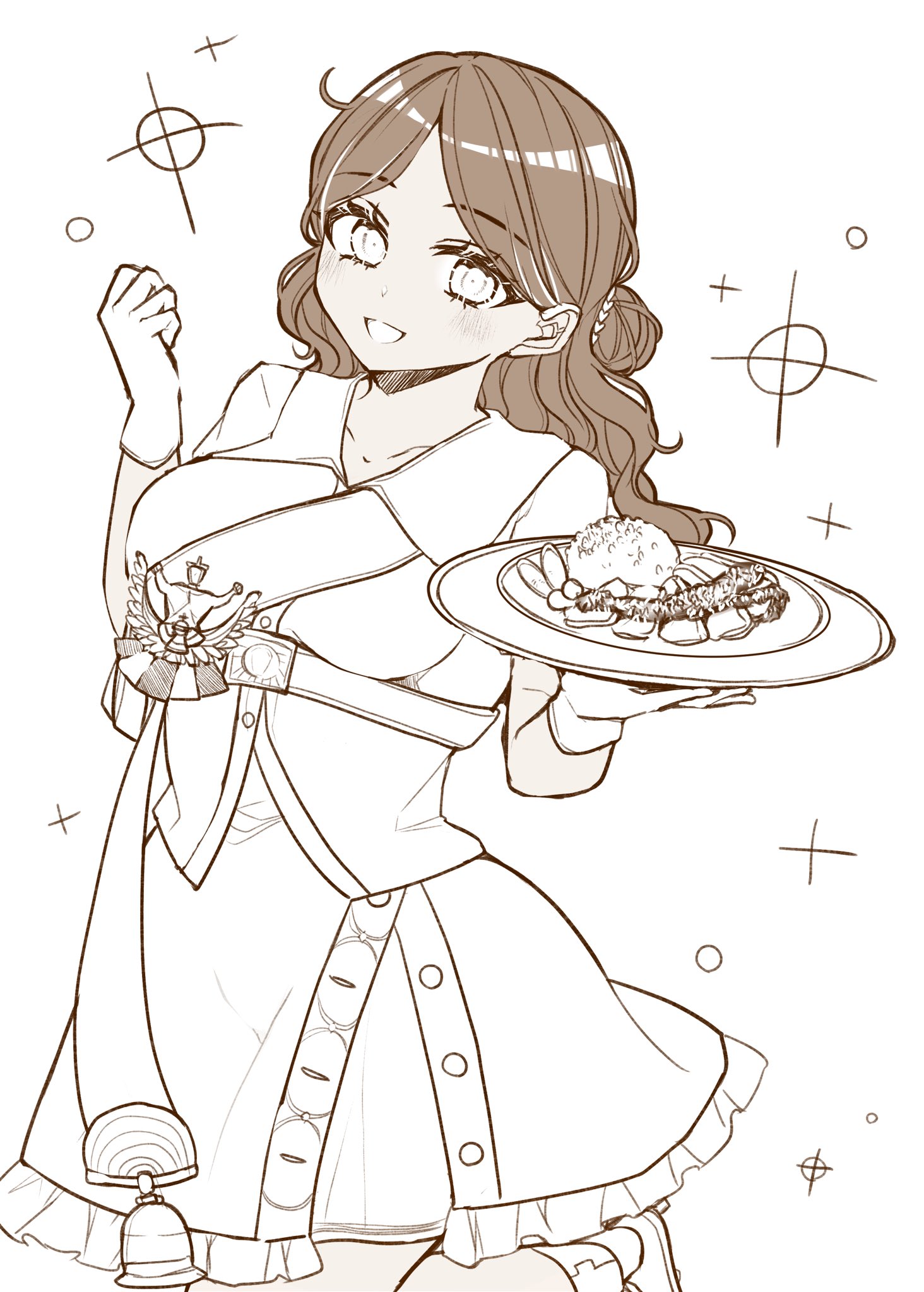 nagi kantai114, thonburi (kancolle), kantai collection, commentary request, highres, 1girl, bell, blush, breasts, brown theme, clenched hand, dress, eyelashes, food, frilled dress, frills, gloves, hair bun, holding, holding tray, leg up, looking at viewer, medium breasts, monochrome, open mouth, plate, short sleeves, simple background, solo, sparkle, tray