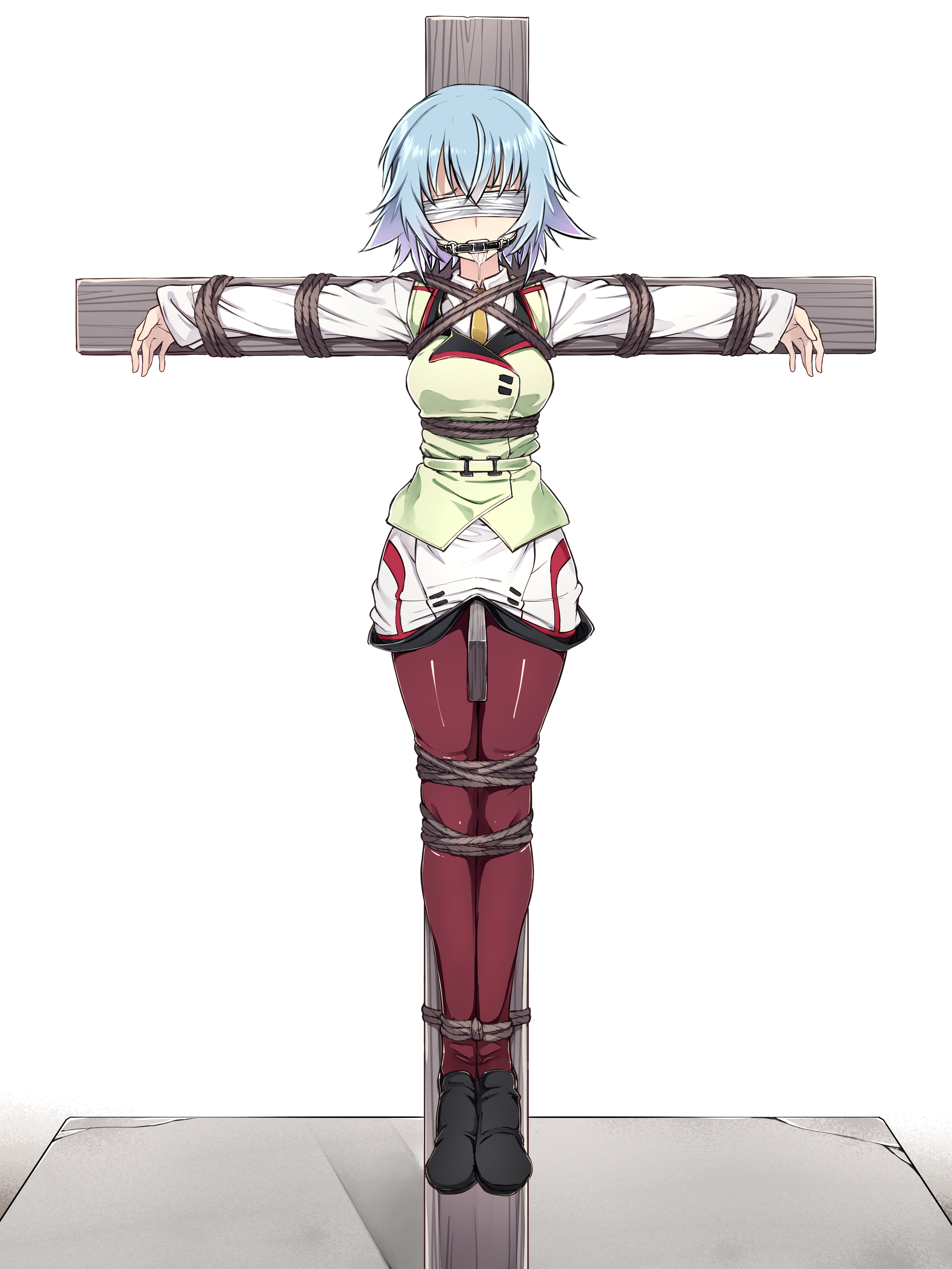 sarashiki tatenashi, infinite stratos, absurdres, commentary request, commission, highres, skeb commission, 1girl, bdsm, black shoes, blindfold, blue hair, bondage, bound, breasts, crucifixion, gagged, gn-000, green shirt, infinite stratos academy school uniform, large breasts, necktie, open mouth, pantyhose, red pantyhose, restrained, school uniform, shibari, shirt, shoes, short hair, tearing up, white shirt