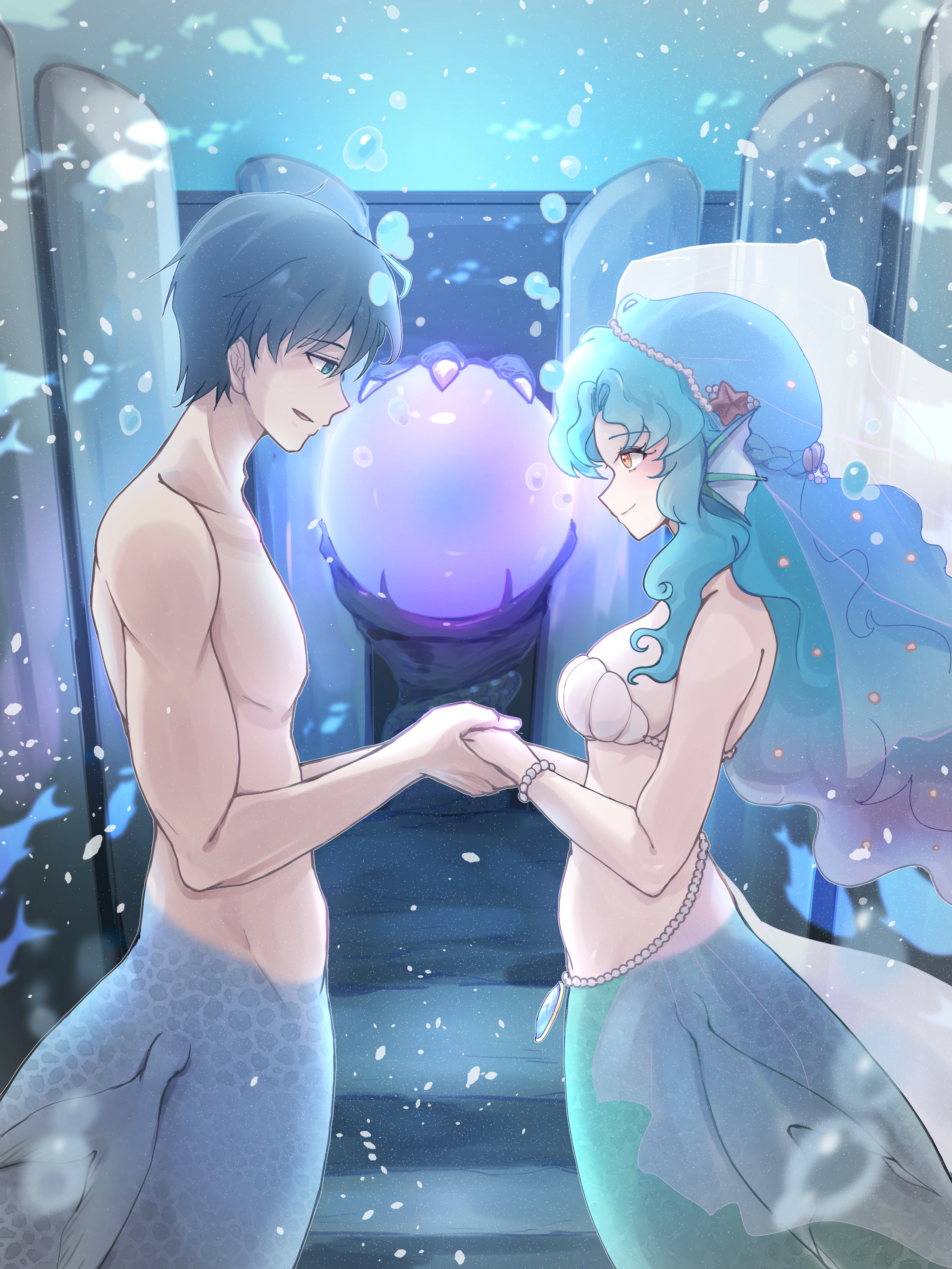 komena (shinyday312), original, absurdres, commentary request, highres, 1boy, 1girl, ahoge, air bubble, bare pectorals, bare shoulders, bikini, black hair, blue eyes, blue tail, blush, body fins, bracelet, braid, breasts, bridal veil, bubble, collarbone, couple, cowboy shot, crown braid, fins, fish, glowing, gradient hair, green hair, green tail, groin, hair between eyes, hair ornament, head fins, hetero, holding, holding hands, holding orb, jewelry, long hair, long sidelocks, looking at another, medium breasts, mermaid, mermaid with mermaid, merman, mina (komena), minato (komena), monster boy, monster girl, multicolored hair, navel, orange eyes, orb, pearl belt, pearl bracelet, pectorals, pillar, profile, purple hair, shell, shell bikini, short hair, sidelocks, smile, starfish hair ornament, stomach, swimsuit, topless male, underwater, veil, wedding