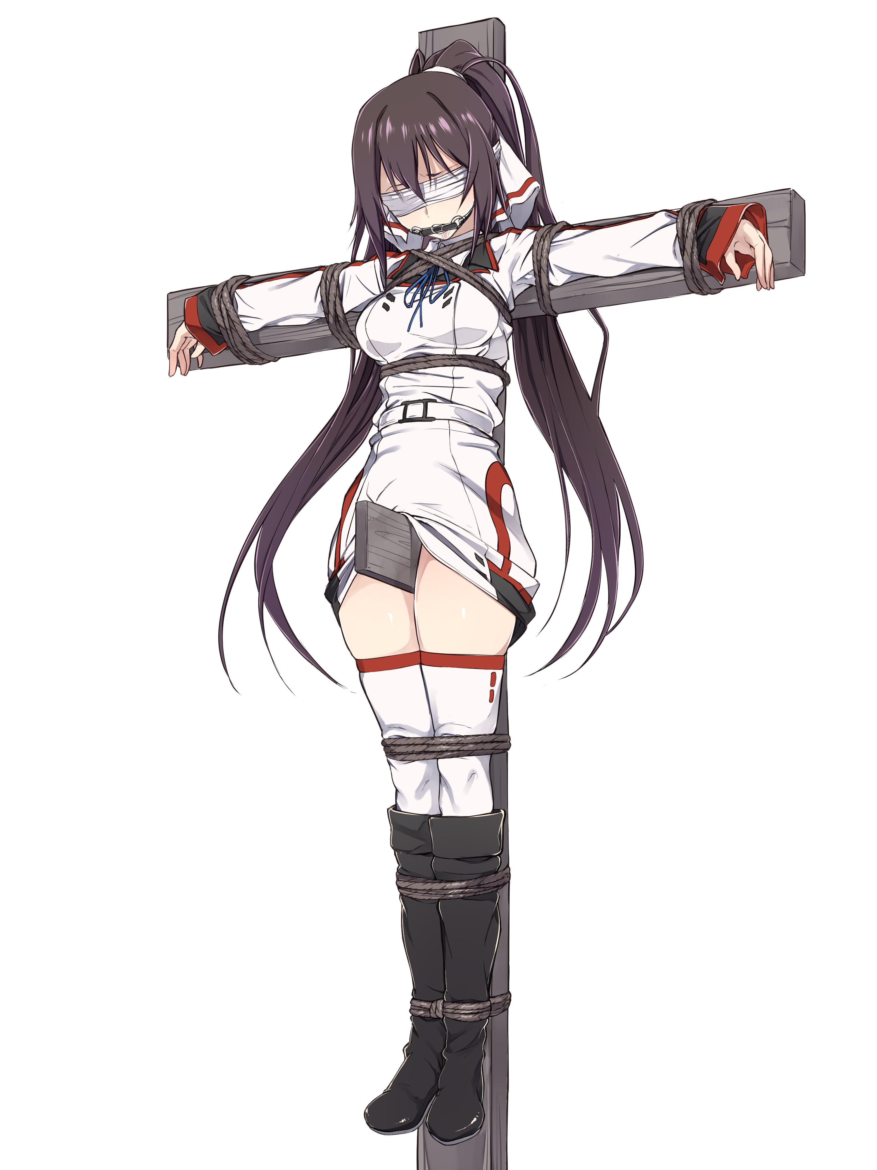 shinonono houki, infinite stratos, absurdres, commentary request, commission, highres, skeb commission, 1girl, bdsm, black boots, black shoes, blindfold, bondage, boots, bound, breasts, brown hair, crucifixion, gagged, gn-000, infinite stratos academy school uniform, large breasts, long hair, restrained, school uniform, shibari, shirt, shoes, tearing up, thighhighs, twintails, white shirt, white thighhighs