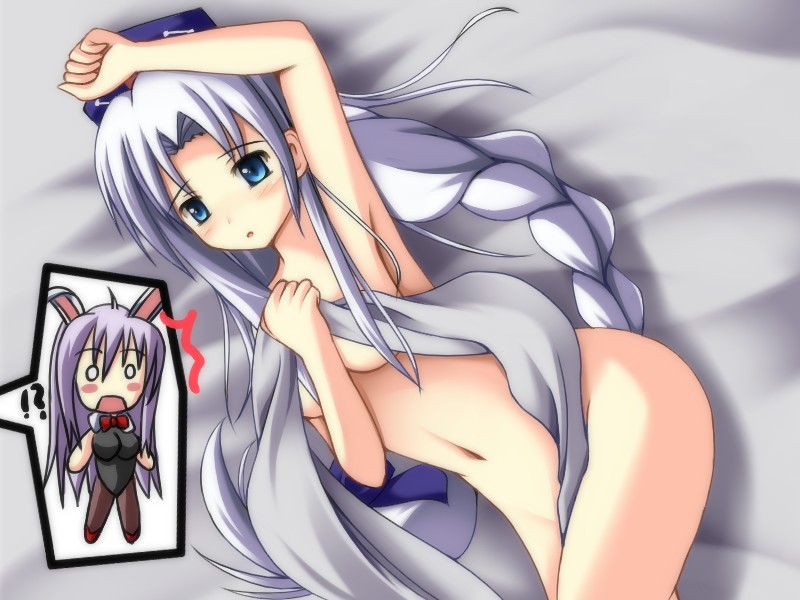 mumei (pokolv), reisen udongein inaba, yagokoro eirin, touhou, silver hair, bad id, bad pixiv id, 2girls, animal ears, arm up, armpits, blue eyes, braid, censored, chibi, convenient censoring, female focus, hair over breasts, long hair, multiple girls, navel, nude, pantyhose, playboy bunny, rabbit ears, rabbit girl, surprised, very long hair
