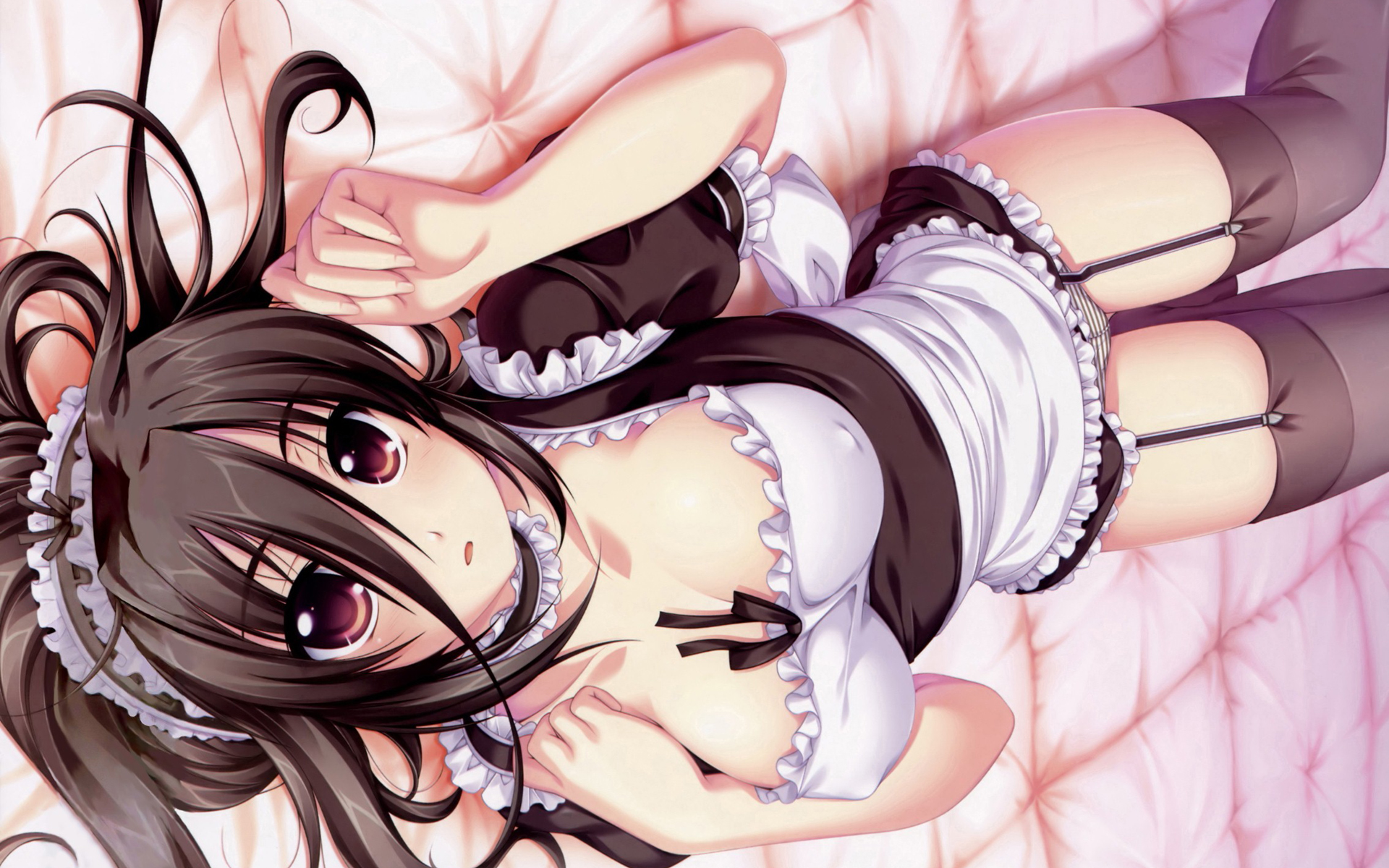 alpha (yukai na nakamatachi), usami haru, g-senjou no maou, highres, 1girl, bed, black hair, blush, bonnet, breasts, brown eyes, brown hair, cleavage, clothes lift, covered erect nipples, female focus, frills, from above, garter straps, large breasts, long hair, lying, maid, maid headdress, nipples, on back, open mouth, panties, pantyshot, red eyes, skirt, skirt lift, solo, striped clothes, striped panties, thighhighs, underwear