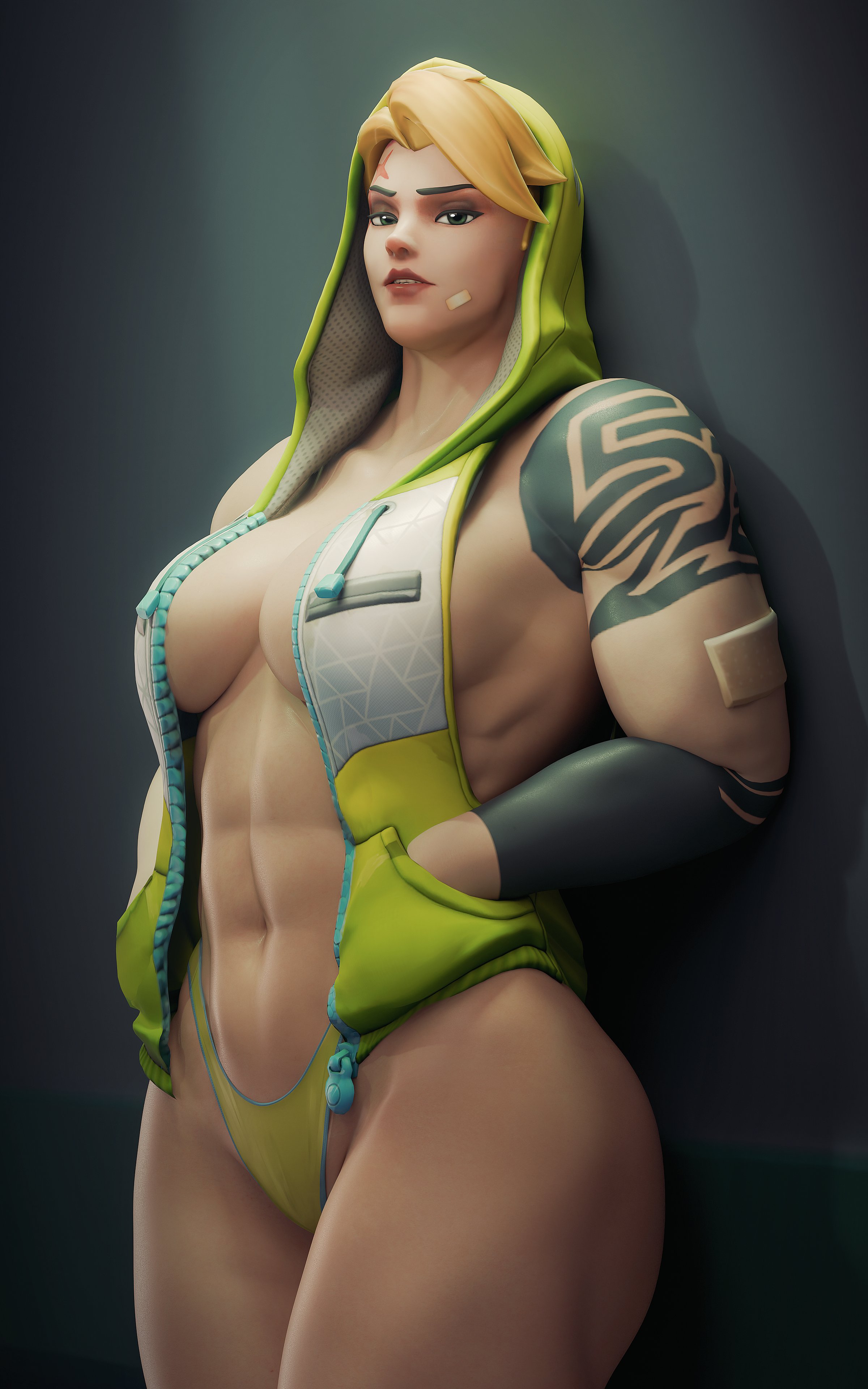 fugtrup, zarya (overwatch), overwatch, absurdres, highres, 1girl, abs, arm tattoo, bandage on face, bandages, blonde hair, breasts, hand in pocket, hood, hoodie, jacket, large breasts, leaning back, mole, muscular, muscular female, open clothes, open hoodie, open jacket, scar, scar across eye, scar on face, short hair, shoulder tattoo, solo, tattoo, thick thighs, thighs