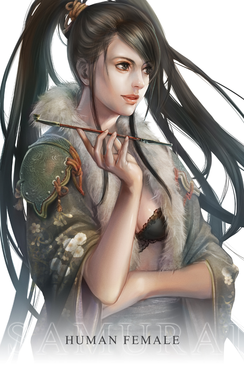 hage2013, lineage, original, highres, 1girl, bra, breasts, brown eyes, brown hair, fantasy, female focus, japanese clothes, kimono, kiseru, lingerie, long hair, ponytail, samurai, smoking pipe, solo, underwear