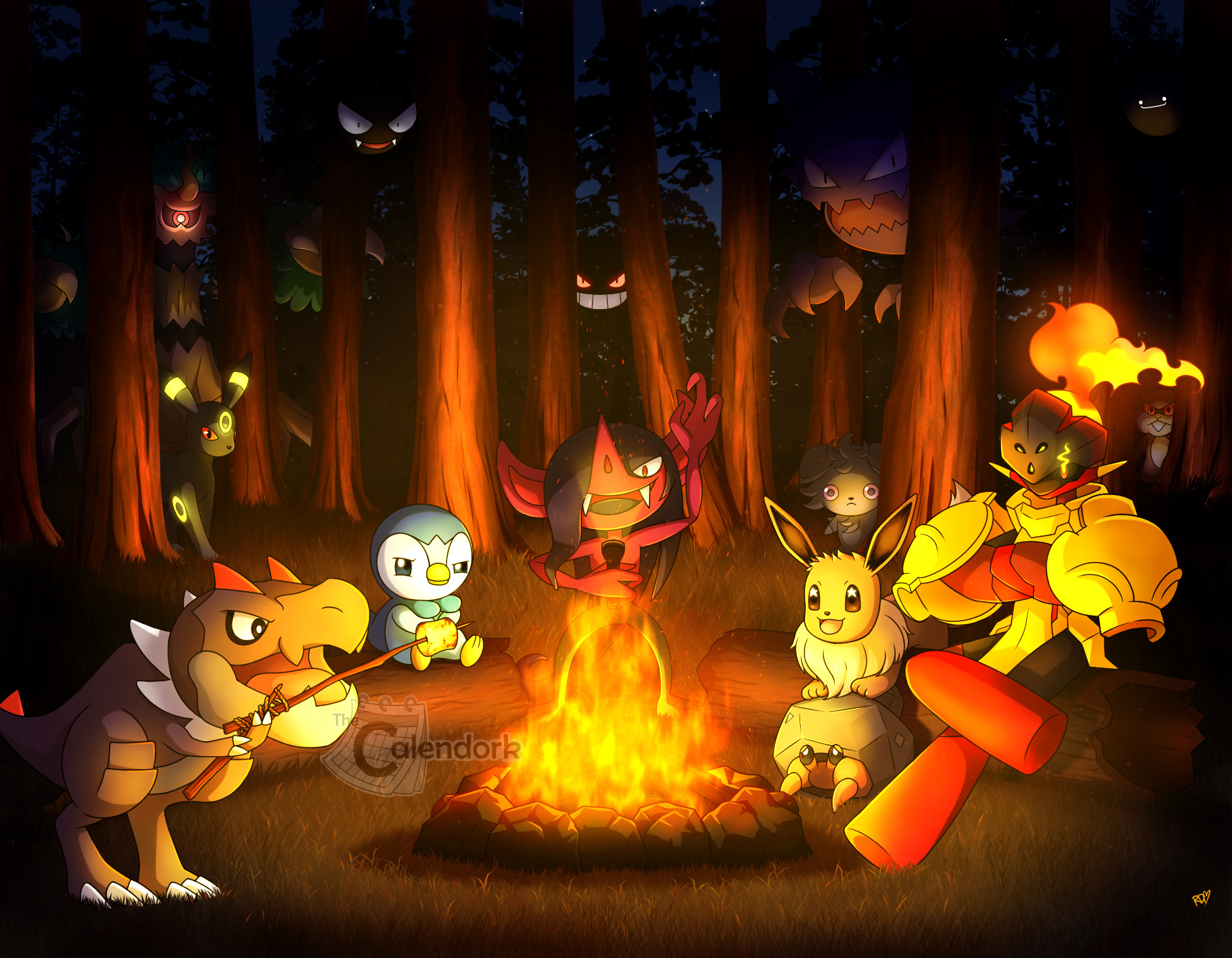 thecalendork, armarouge, ditto, dwebble, eevee, espurr, gastly, gengar, haunter, morgrem, patrat, piplup, transformed ditto, trevenant, tyrunt, umbreon, nintendo, pokemon, commentary, english commentary, highres, . ., armor, artist name, black sclera, bright pupils, campfire, closed mouth, colored sclera, crossed arms, crossed legs, fangs, fire, flaming eye, flashlight, floating, food, forest, gen 1 pokemon, gen 2 pokemon, gen 4 pokemon, gen 5 pokemon, gen 6 pokemon, gen 8 pokemon, glowing, glowing eyes, grass, grin, hair over one eye, holding, holding flashlight, holding stick, log, long nose, marshmallow, nature, night, one-eyed, open mouth, outdoors, pointy nose, pokemon (creature), pokemon focus, rayman limbs, red eyes, roasted marshmallow, signature, sitting, smile, stick, teeth, tree, v-shaped eyes, watermark, white pupils