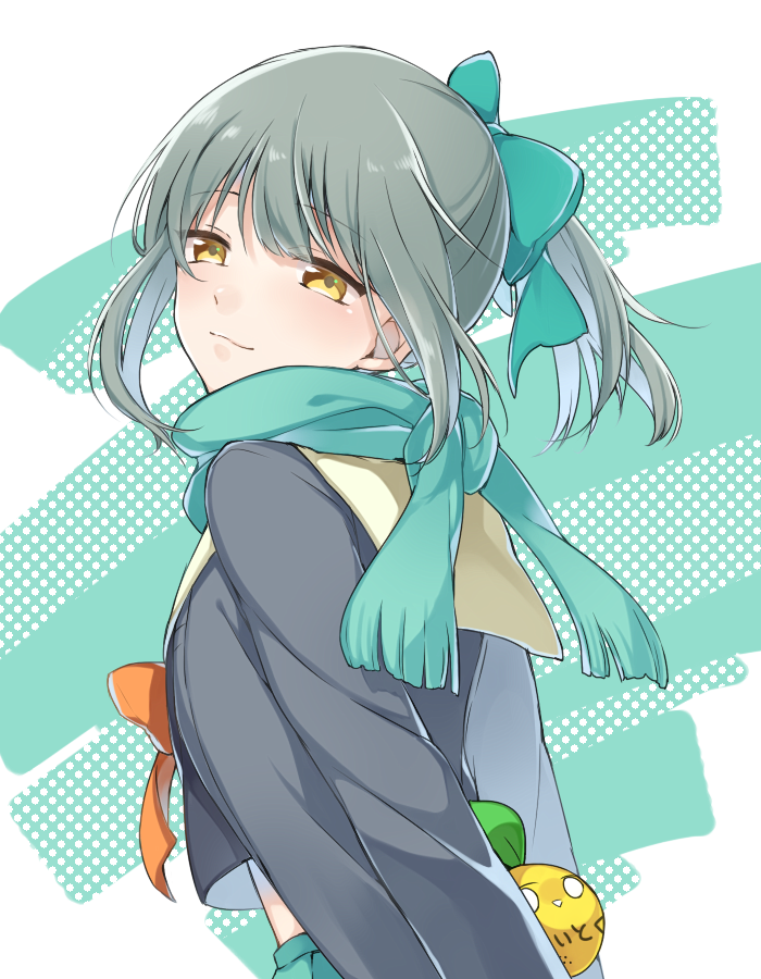 kan'yu (citron 82), yuubari (kancolle), kantai collection, commentary, 1girl, arms behind back, blue bow, blue scarf, blue skirt, blush, bow, closed mouth, crop top, dated commentary, from side, hair between eyes, hair bow, long sleeves, looking at viewer, ponytail, sailor collar, scarf, simple background, skirt, solo, two-tone background, upper body, yellow eyes