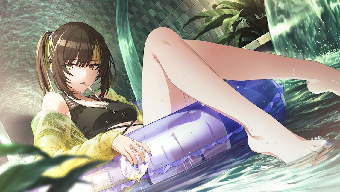 ikaruga luca, idolmaster, idolmaster shiny colors, commentary, english commentary, game cg, official art, third-party source, 1girl, barefoot, bikini, black bikini, black hair, blonde streaks, breasts, cup, drinking straw, drinking straw in mouth, feet, fingernails, holding, holding cup, indoors, innertube, jacket, knees up, looking at viewer, multicolored hair, nail polish, official alternate costume, official alternate hairstyle, on innertube, pool, purple nails, see-through clothes, see-through jacket, short hair, solo, streaked hair, swim ring, swimsuit, toenail polish, toenails, toes, twintails, yellow eyes, yellow jacket