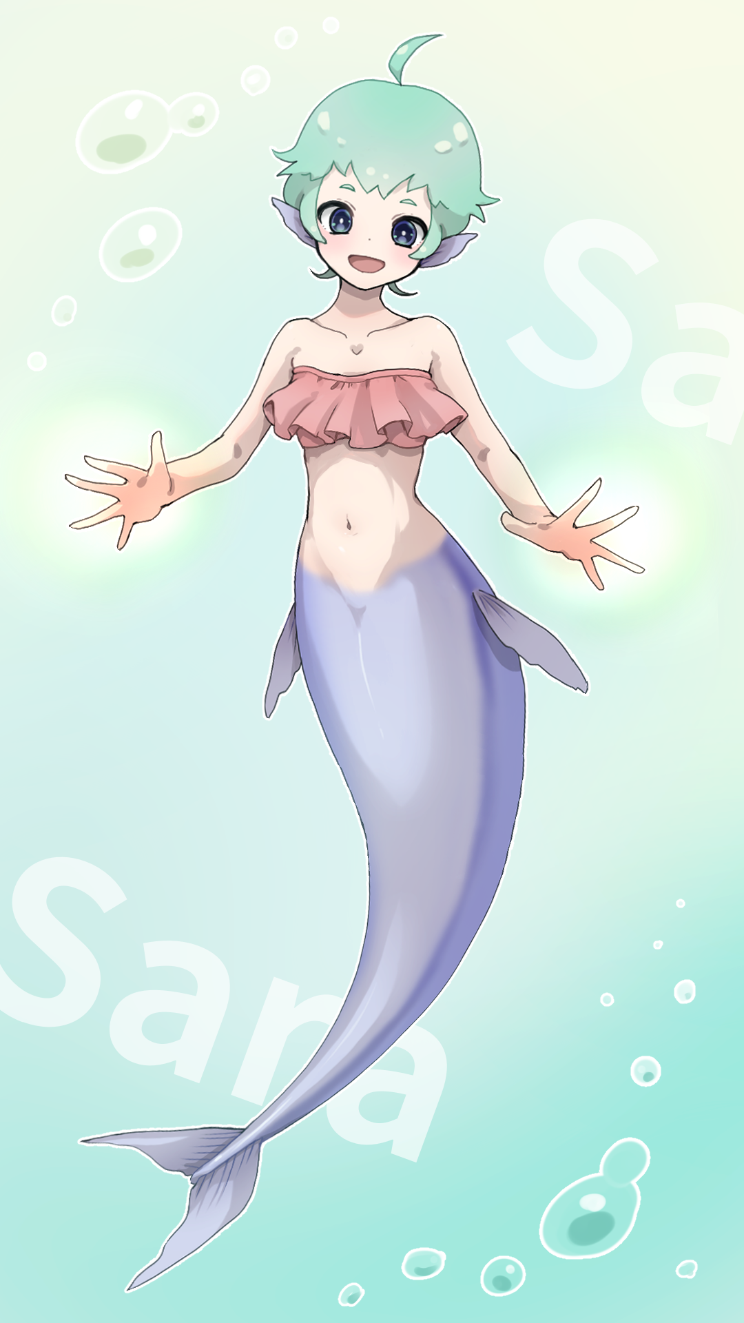 komena (shinyday312), original, commentary request, highres, 1girl, :d, ahoge, air bubble, bare shoulders, bikini, bikini top only, blue eyes, bubble, character name, collarbone, fins, flat chest, frilled bikini, frills, full body, green background, green hair, groin, head fins, looking at viewer, mermaid, monster girl, navel, open mouth, red bikini, short hair, sidelocks, smile, solo, stomach, strapless, strapless bikini, swimsuit, underwater