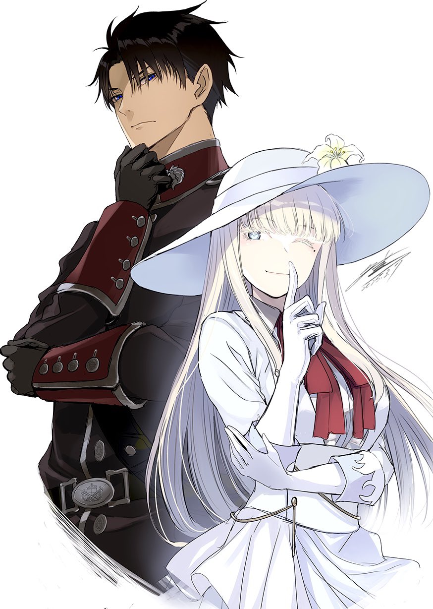 yuunagi (seventh heaven), eris no seihai, commentary request, flower request, highres, 1boy, 1girl, blonde hair, blue eyes, bow, bowtie, breasts, brown coat, brown gloves, brown hair, closed mouth, coat, dress, finger to mouth, flower, gloves, hat, hat flower, lily orlamunde, long hair, looking at viewer, medium breasts, military uniform, one eye closed, randolph ulster, red bow, red bowtie, shushing, signature, simple background, smile, sun hat, very long hair, white background, white dress, white flower, white gloves, white hat