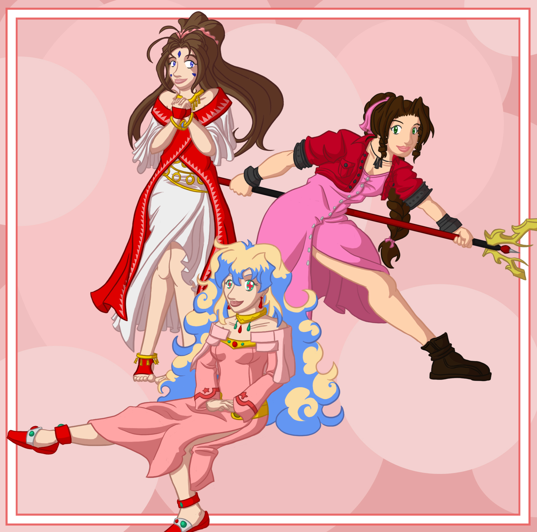 aerith gainsborough, belldandy, nia teppelin, aa megami-sama, final fantasy, final fantasy vii, tengen toppa gurren lagann, highres, + +, 00s, 1990s (style), 3girls, blue eyes, bracelet, brown hair, crossover, dress, facial mark, forehead mark, green eyes, hair ribbon, jewelry, long dress, long hair, multicolored hair, multiple girls, pink dress, ribbon, staff