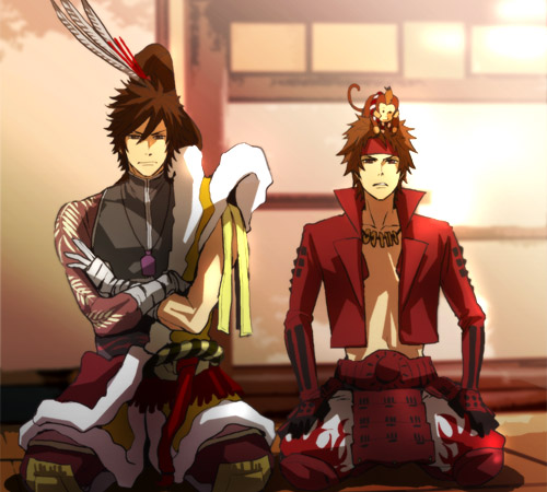 maeda keiji (sengoku basara), sanada yukimura (sengoku basara), yumekichi, sengoku basara, lowres, 2boys, male focus, monkey, multiple boys, sitting