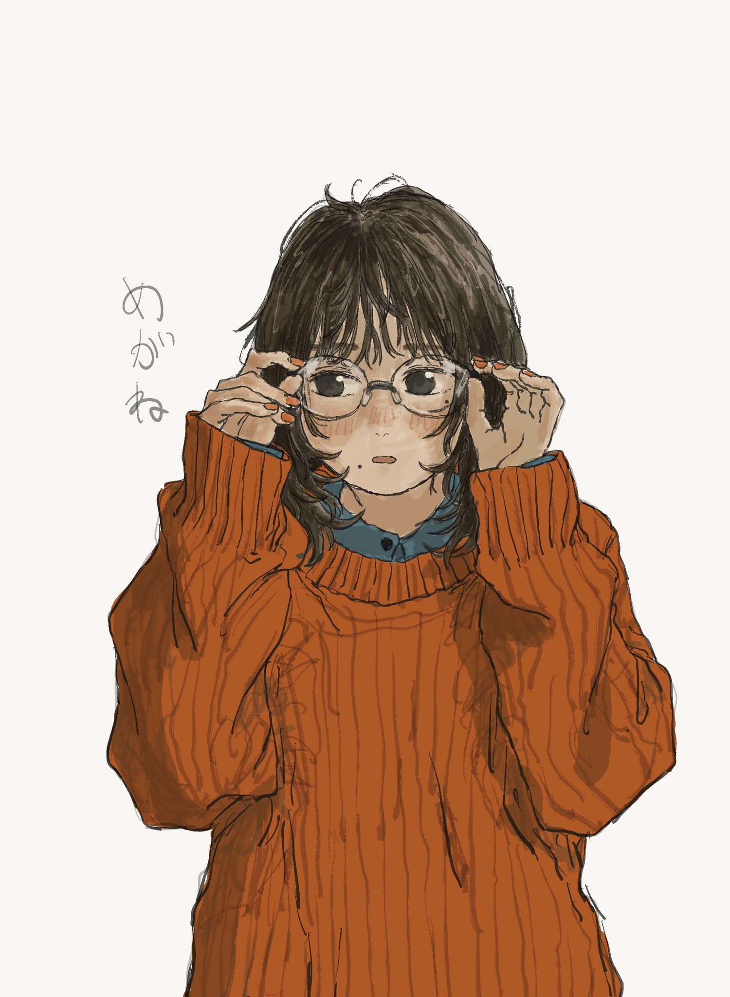 izumi mizu1001, original, highres, translation request, 1girl, adjusting eyewear, brown eyes, brown hair, glasses, long hair, long sleeves, looking to the side, mole, mole under eye, mole under mouth, nail polish, open mouth, sleeves past wrists, solo, sweater, upper body