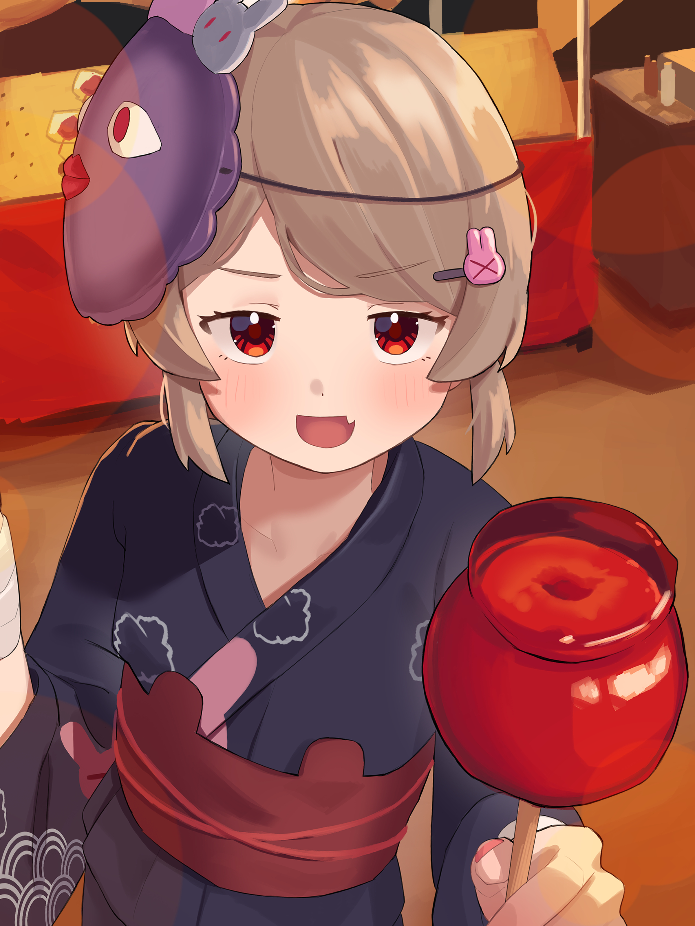 okaki8130, natori sana, natori sana (yukata), sana channel, absurdres, commentary request, highres, 1girl, bandaged wrist, bandages, black kimono, blonde hair, blush, candy apple, character mask, fang, food, hair ornament, hairclip, holding, holding candy apple, holding food, japanese clothes, kimono, looking at viewer, mask, mask on head, obi, open mouth, outdoors, red eyes, sash, skin fang, solo, virtual youtuber, yukata