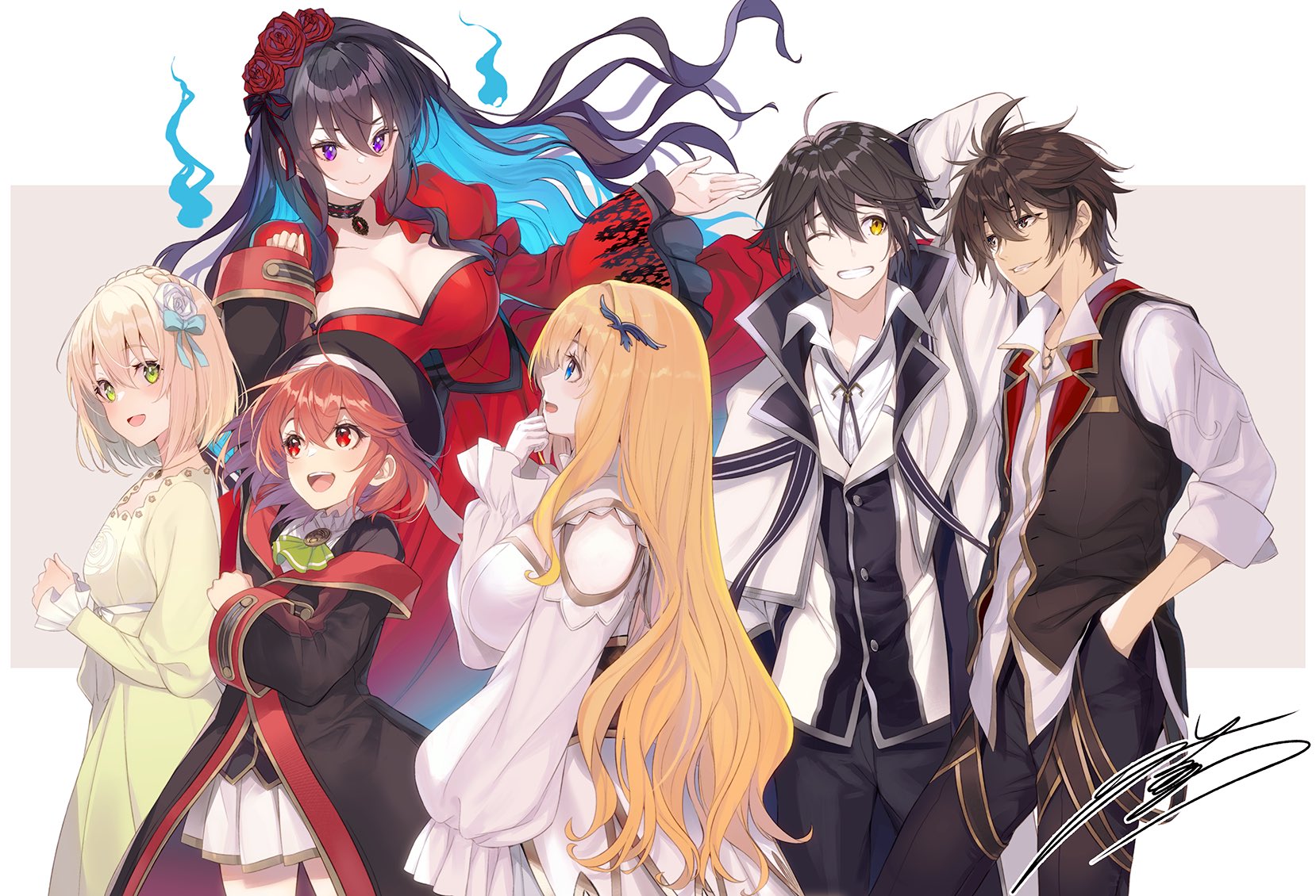 yuunagi (seventh heaven), constance grail, scarlet castiel, yorha eisenz, eris no seihai, mikata ga yowasugite hojo mahou ni tesshiteita kyuutei mahoushi tsuihou sarete saikyou wo mezashimasu, character request, commentary request, highres, 2boys, 4girls, alec ygret, arm up, arnold lakes adler, ascot, black hat, black pants, blonde hair, blue bow, blue eyes, blue hair, bow, breasts, brown hair, cleavage, closed mouth, coat, collared shirt, colored inner hair, crossover, dress, floating, flower, frilled sleeves, frills, ghost, green ascot, green dress, green eyes, grin, hair bow, hair flower, hair ornament, hand in pocket, hat, large breasts, long hair, long sleeves, multicolored hair, multiple boys, multiple girls, one eye closed, pants, purple eyes, red dress, red eyes, red flower, red hair, red rose, rose, saikyou degarashi ouji no anyaku teii arasoi: munou wo enjiru ss rank ouji wa koui keishousen wo kage kara shihai suru, shirt, signature, skirt, smile, very long hair, white coat, white dress, white flower, white rose, white shirt, white skirt, wide sleeves, yellow eyes