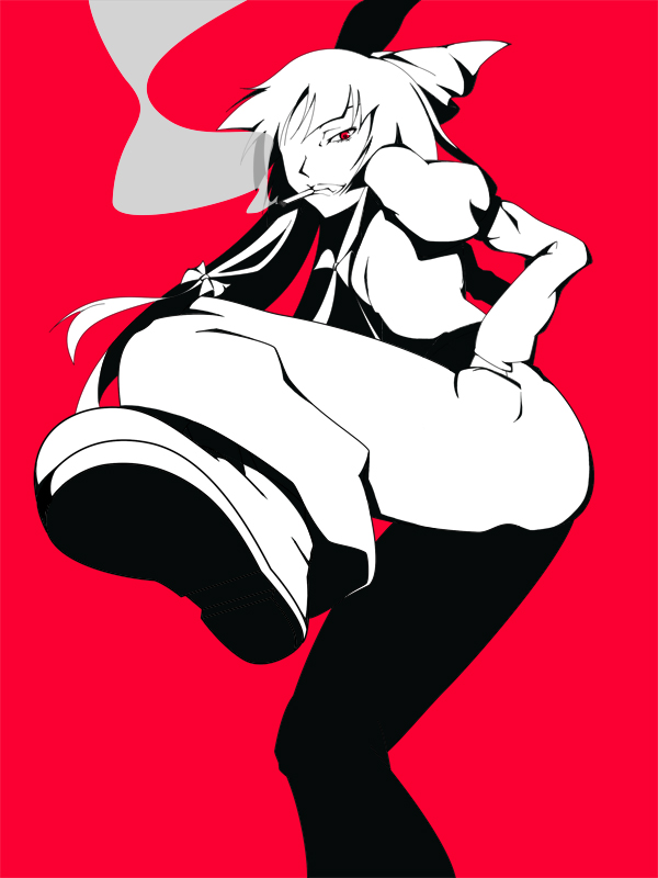 alarmset, fujiwara no mokou, touhou, 1girl, cigarette, female focus, grin, hair ribbon, hand in pocket, kicking, long hair, long sleeves, monochrome, pants, red eyes, red theme, ribbon, shadow, shoes, simple background, smile, smoke, smoking, solo, standing, standing on one leg