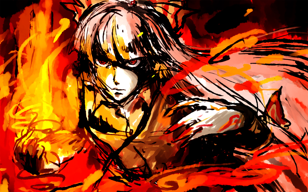 aka, fujiwara no mokou, touhou, bad id, bad pixiv id, 1girl, close-up, female focus, fire, hair ribbon, long hair, red eyes, ribbon, serious, solo, staring