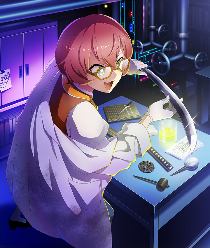 toji no miko, toji no miko: kizamishi issen no tomoshibi, game cg, official art, third-party source, + +, 1girl, :3, :d, beaker, black shoes, bob cut, brown-framed eyewear, brown vest, cabinet, chemicals, coat, dark room, diffraction spikes, double-parted bangs, glint, gloves, green eyes, hammer, hexagonal eyewear, high heels, hilt, holding, holding sword, holding weapon, industrial pipe, katana, lab coat, legs apart, looking at object, note, notepad, open mouth, osafune girls academy school uniform, pen, red hair, school uniform, shirt, shoes, short hair, single off shoulder, smile, socks, solo, sword, table, vest, watanabe emily, weapon, white coat, white gloves, white shirt, white socks