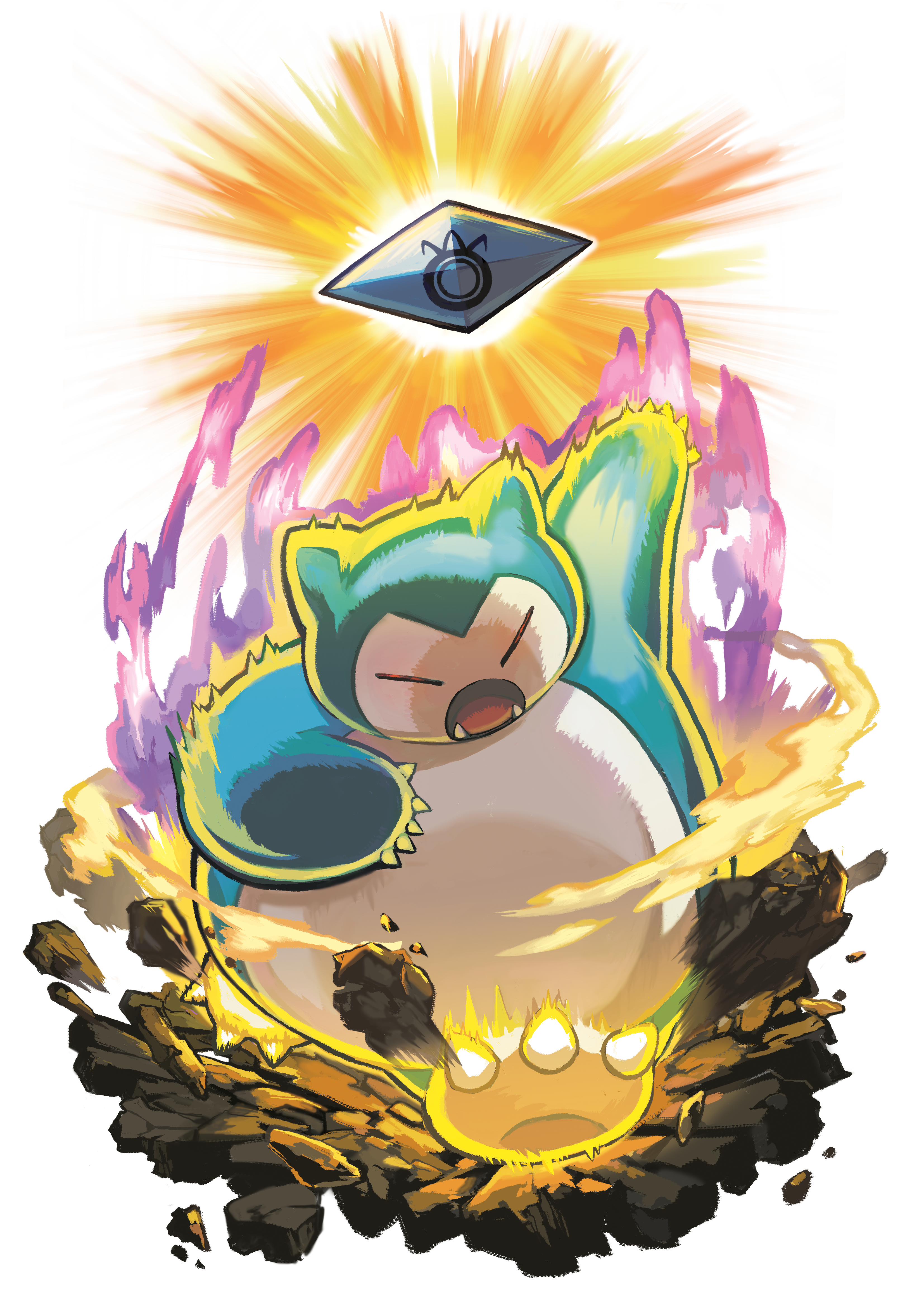 snorlax, nintendo, pokemon, pokemon sm, absurdres, artist request, highres, official art, third-party source, aura, claws, debris, destruction, fangs, fat, gen 1 pokemon, motion lines, no humans, open mouth, pokemon (creature), pokemon move, pulverizing pancake (pokemon), rock, running, speed lines, transparent background, z-crystal, z-move