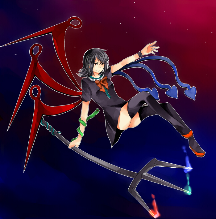 houjuu nue, touhou, bad id, bad pixiv id, 1girl, black dress, black hair, black thighhighs, bow, dress, female focus, full body, gradient background, polearm, red eyes, red hair, short hair, snake, solo, spear, thighhighs, trident, weapon, wings, zettai ryouiki