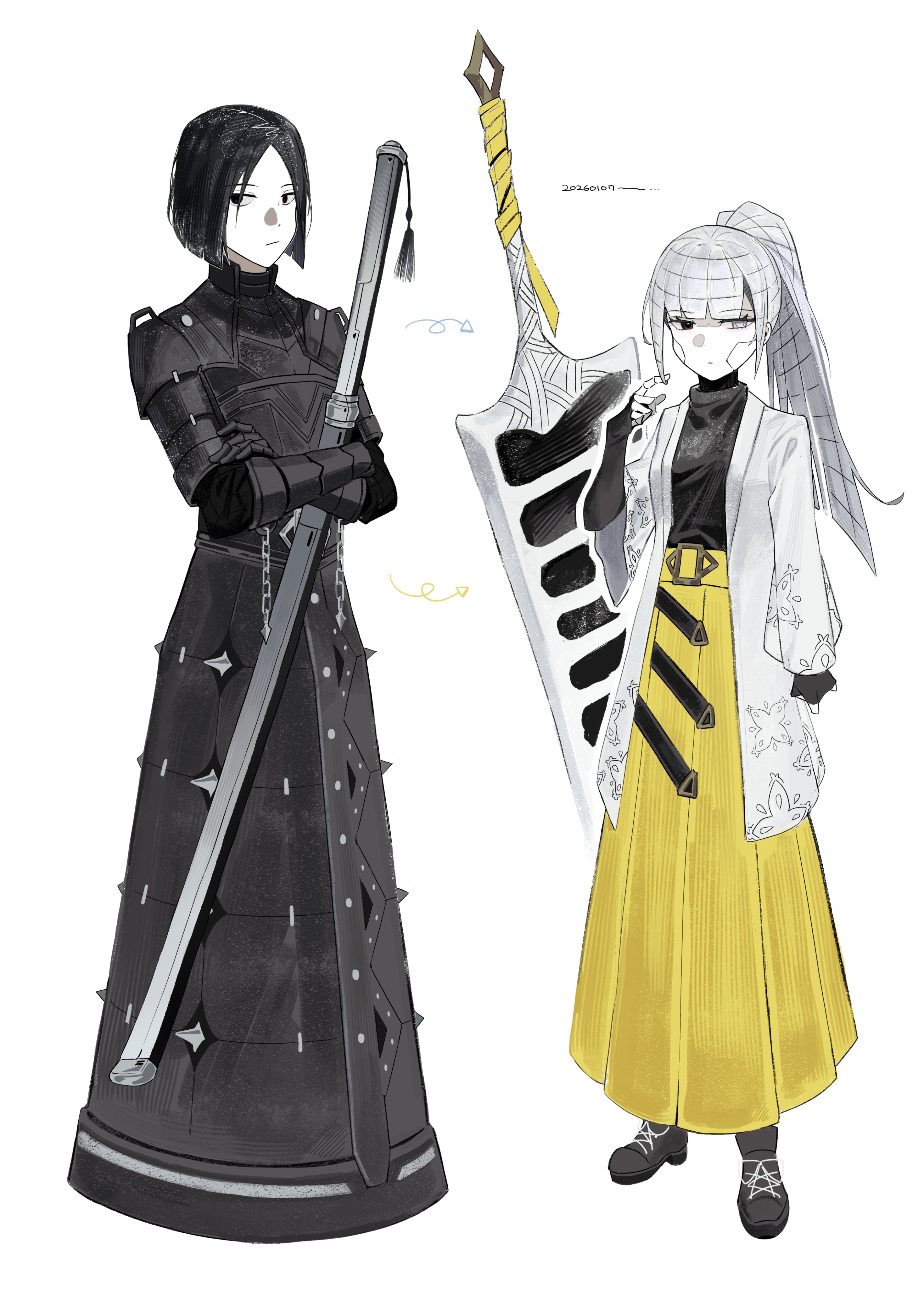 asdf1211950, albina (project moon), ren (project moon), limbus company, project moon, absurdres, highres, 1boy, 1girl, alternate costume, android, armor, belt, black eyes, black hair, black shirt, blunt bangs, blunt ends, boots, breastplate, cosplay, costume switch, fingerless gloves, gauntlets, gloves, hakama, heterochromia, holding, holding sword, holding weapon, japanese clothes, joints, ponytail, robot, robot girl, shirt, simple background, sword, sword tassel, tassel, turtleneck, weapon, white background, white eyes, white hair