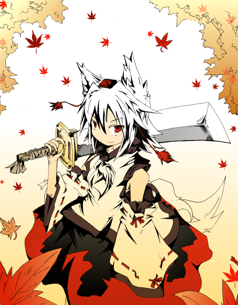 takewaka, inubashiri momiji, touhou, bad id, bad pixiv id, 1girl, animal ears, bare shoulders, detached sleeves, female focus, gradient background, grin, hat, holding, leaf, maple leaf, no nose, red eyes, smile, solo, sword, tail, tokin hat, weapon, white hair, wide sleeves, wolf ears