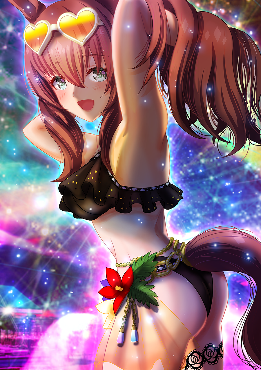 otono (bkt4b), maruzensky (hot summer night) (umamusume), maruzensky (umamusume), umamusume, commentary request, highres, 1girl, adjusting hair, alternate costume, armpits, arms up, ass, bikini, black bikini, blue eyes, blurry, blurry background, breasts, brown hair, chain, cleavage, cowboy shot, eyewear on head, frilled bikini, frills, gold chain, heart, heart-shaped eyewear, horse girl, large breasts, lens flare, long hair, official alternate costume, official alternate hairstyle, open mouth, ponytail, sidelocks, smile, solo, sunglasses, swimsuit, thigh strap