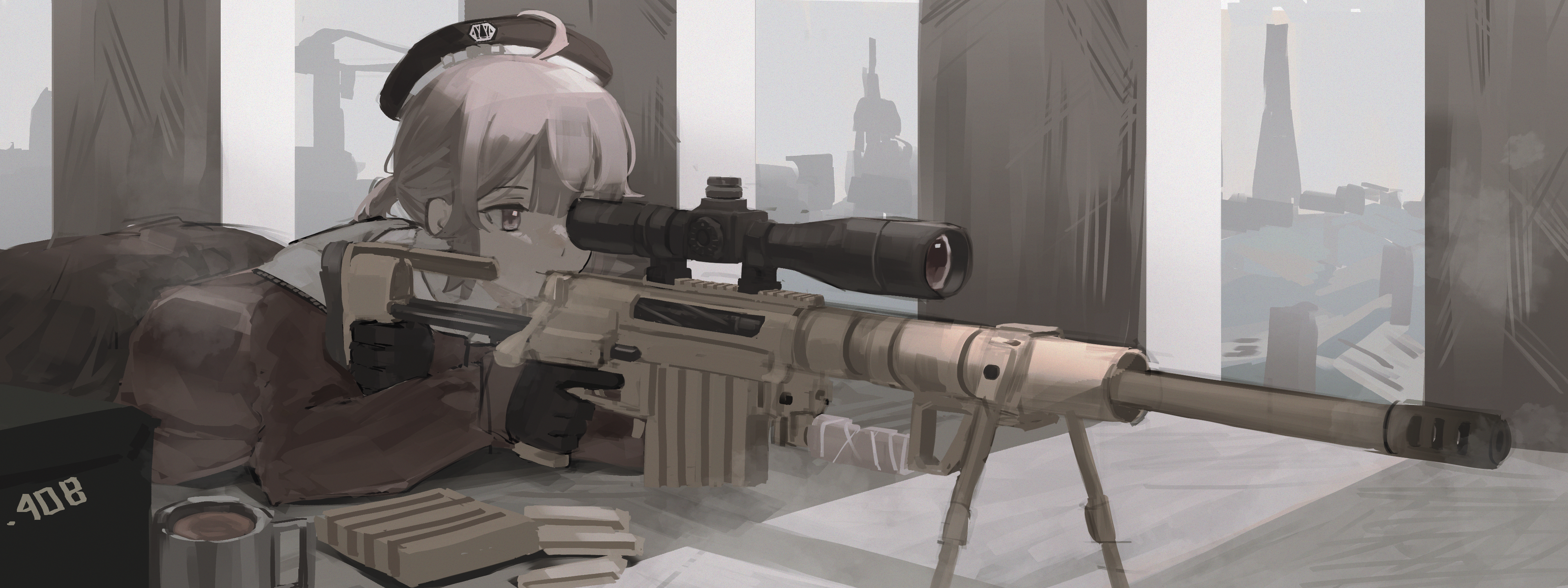 renakohii, m200 (girls' frontline), girls' frontline, girls' frontline 2: exilium, absurdres, commentary, english commentary, highres, 1girl, ahoge, aiming, beret, black hair, black skirt, bolt action, brown jacket, cheyanne (girls' frontline 2), cheytac m200, cityscape, cup, gun, hat, hot drink, jacket, long hair, low ponytail, lying, magazine (weapon), mug, muzzle device, on stomach, ponytail, purple eyes, rifle, scope, sidelocks, skirt, sniper rifle, solo, steam, trigger discipline, weapon