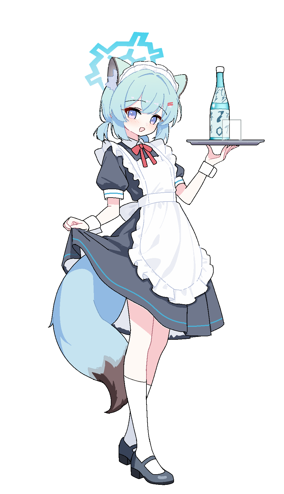 lmg7811, shigure (blue archive), blue archive, commentary, highres, 1girl, alternate costume, animal ears, apron, black dress, black shoes, blue eyes, bottle, dress, enmaided, frilled apron, frills, full body, glass, green hair, halo, holding, holding tray, looking at viewer, maid, maid headdress, open mouth, puffy short sleeves, puffy sleeves, shoes, short hair, short sleeves, smile, socks, solo, tail, tray, weasel ears, weasel girl, weasel tail, white apron, white socks