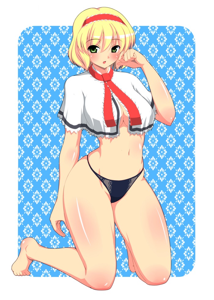kyokutou hentai samurai, alice margatroid, touhou, bad id, bad pixiv id, 1girl, :o, barefoot, blonde hair, blush, breasts, female focus, green eyes, hairband, headband, kneeling, large breasts, navel, no pants, panties, solo, underboob, underwear, wide hips