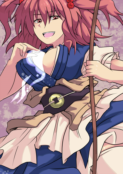yude, onozuka komachi, touhou, bad id, bad pixiv id, 1girl, between breasts, breasts, cleavage, female focus, ghost, hair bobbles, hair ornament, hitodama, large breasts, open mouth, red eyes, red hair, short hair, solo, twintails, two side up