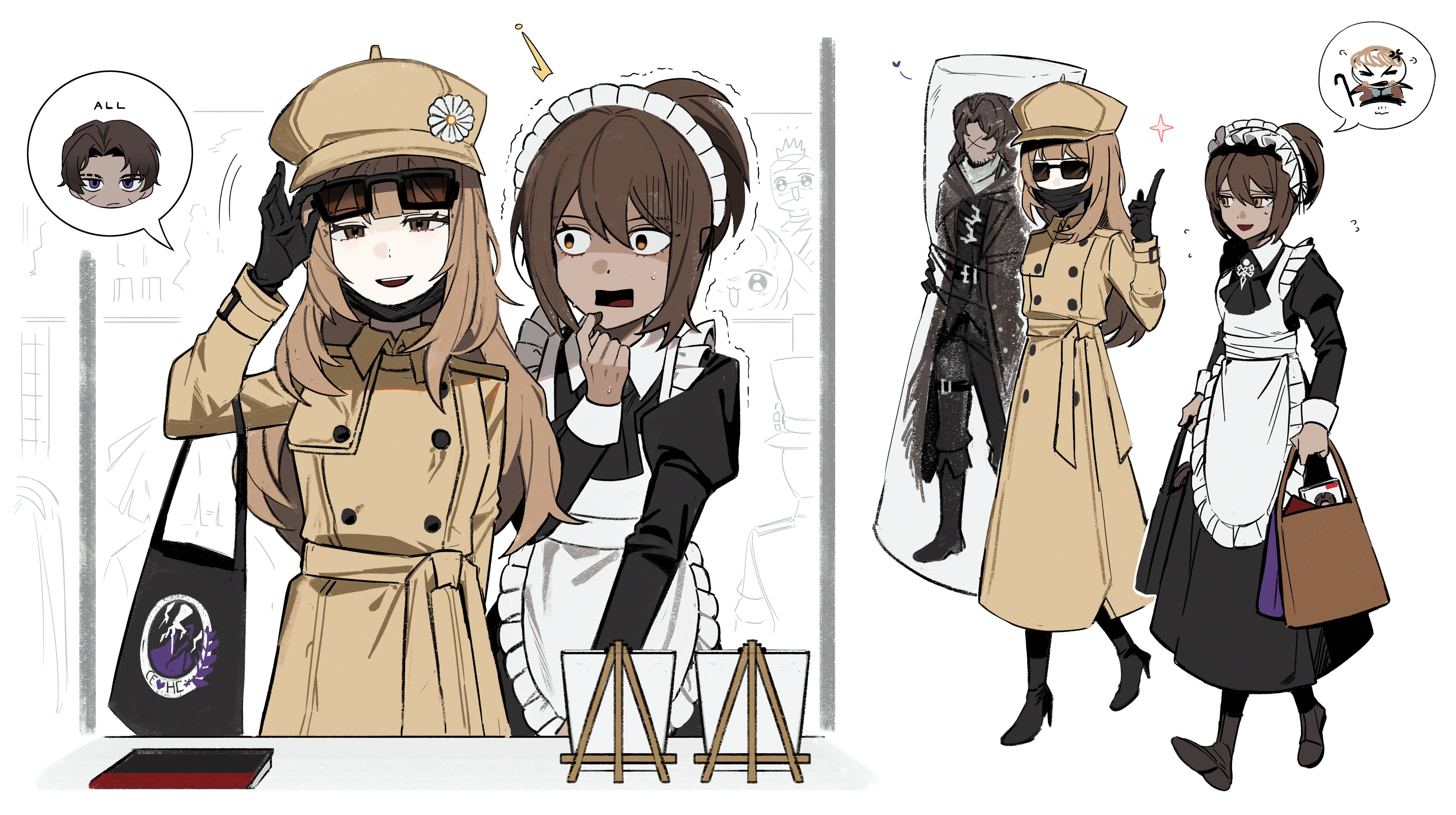 asdf1211950, catherine (project moon), erlking heathcliff (project moon), heathcliff (project moon), nelly (project moon), limbus company, project moon, absurdres, hashtag-only commentary, highres, 2boys, 2girls, apron, bag, black dress, black gloves, black mask, body pillow, boots, brown eyes, brown hair, coat, daisy (flower), dark-skinned female, dark skin, disguise, dress, flower, gloves, hat, hat flower, high heel boots, high heels, hindley (project moon), holding, holding bag, jacket, maid, maid apron, maid headdress, mask, multiple boys, multiple girls, pillow, speech bubble, sunglasses, surprised, trench coat