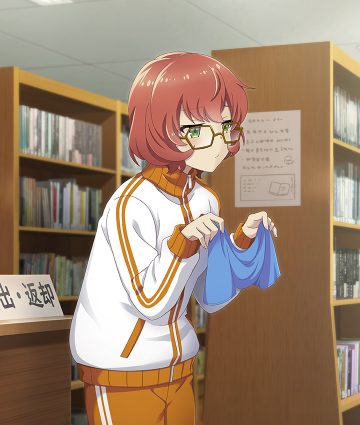toji no miko, toji no miko: kizamishi issen no tomoshibi, game cg, official art, third-party source, translated, 1girl, bob cut, bookshelf, brown-framed eyewear, ceiling, closed mouth, cowboy shot, glasses, green eyes, hexagonal eyewear, holding rag, hunched over, indoors, jacket, library, long sleeves, note, orange pants, pants, paper, red hair, short hair, sign, solo, tile ceiling, tiles, track jacket, track pants, watanabe emily, white jacket, zipper