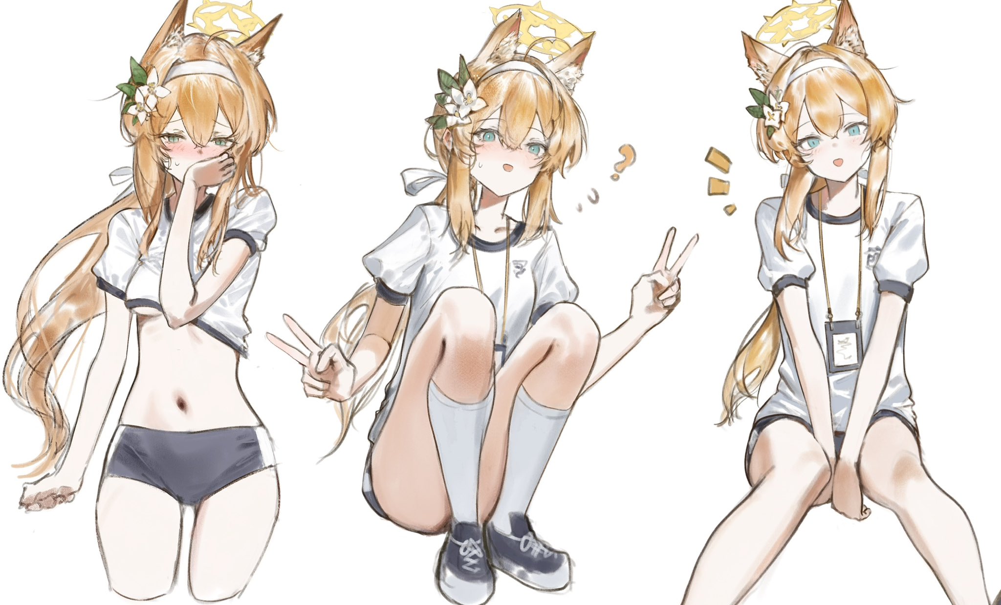 lunifish, mari (blue archive), mari (track) (blue archive), blue archive, commentary request, highres, 1girl, ?, animal ear fluff, animal ears, black shorts, blue eyes, blush, breasts, cat ears, cat girl, clothes lift, collarbone, covered mouth, cropped legs, double v, eyelashes, feet out of frame, flower, full body, gym shirt, gym shorts, gym uniform, hair between eyes, hair flower, hair ornament, hairband, halo, hand up, leaf hair ornament, lifting own clothes, long hair, looking at viewer, low ponytail, medium breasts, multiple views, official alternate costume, open mouth, orange hair, ponytail, shirt, shirt lift, short sleeves, shorts, shy, sidelocks, simple background, sitting, v, white background, white flower, white hairband, white shirt, yellow halo