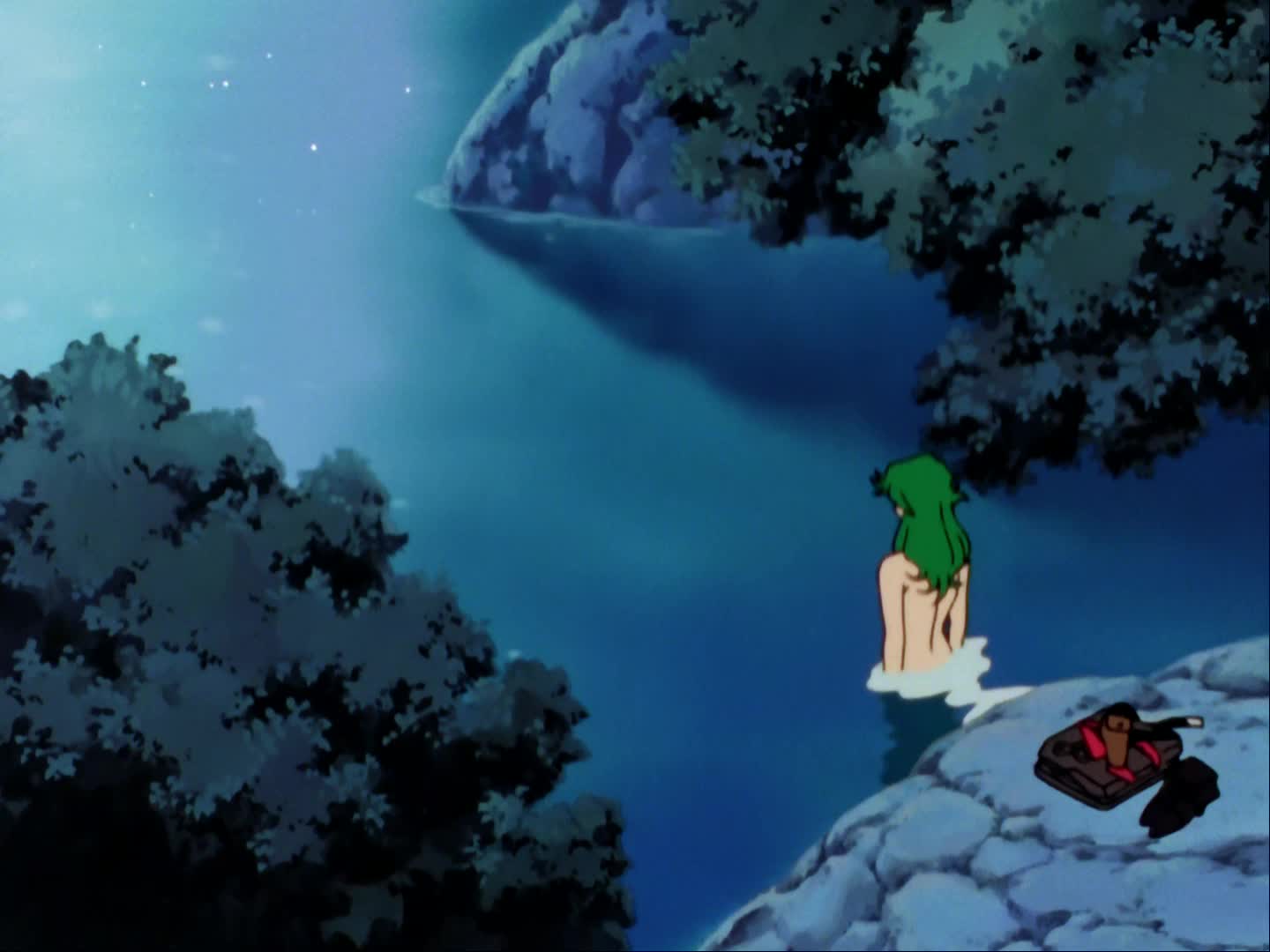 nastasha zabigov, g gundam, gundam, animated, anime screenshot, sound, tagme, video, aiming, breasts, completely nude, covering breasts, covering privates, folded clothes, green hair, gun, nude, outdoors, partially submerged, red lips, silhouette, tree, unworn clothes, unworn glasses, water, weapon