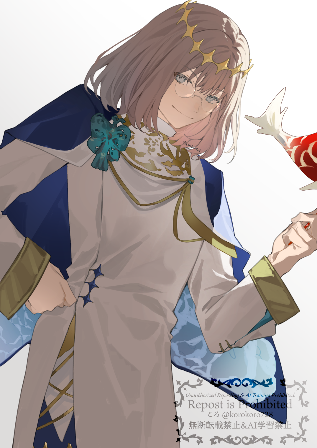 romo827, oberon (chinese ver. new year 2025) (fate), oberon (fate), fate/grand order, fate (series), commentary request, highres, object request, 1boy, backlighting, bespectacled, blue capelet, blue eyes, brown hair, capelet, chinese clothes, diamond hairband, flower knot, glasses, gold trim, holding, looking at viewer, male focus, short hair, simple background, smile, solo, watermark, white background