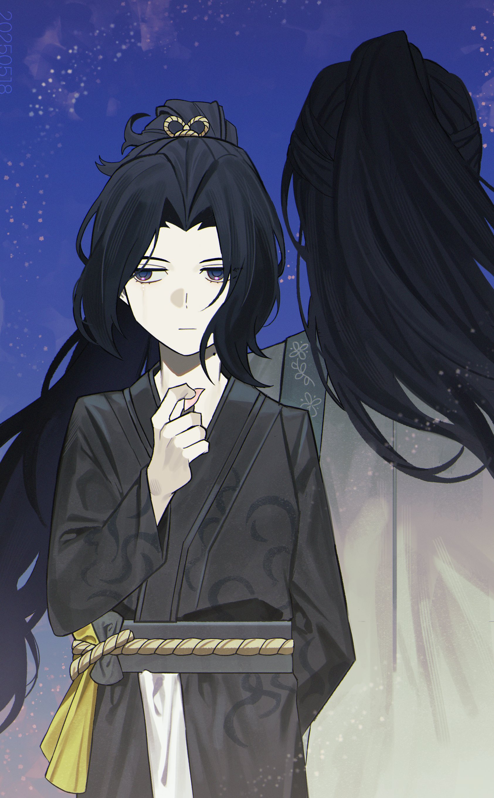 asdf1211950, hong lu (project moon), lin daiyu (project moon), limbus company, project moon, absurdres, commentary, highres, symbol-only commentary, 1boy, 1girl, alternate costume, black hanfu, blue eyes, blue hair, chinese clothes, facing away, hair tie, hairband, hanfu, holding, holding petal, long hair, official alternate costume, petals, sash, sky, wavy hair, white hanfu, white sash, yellow hairband