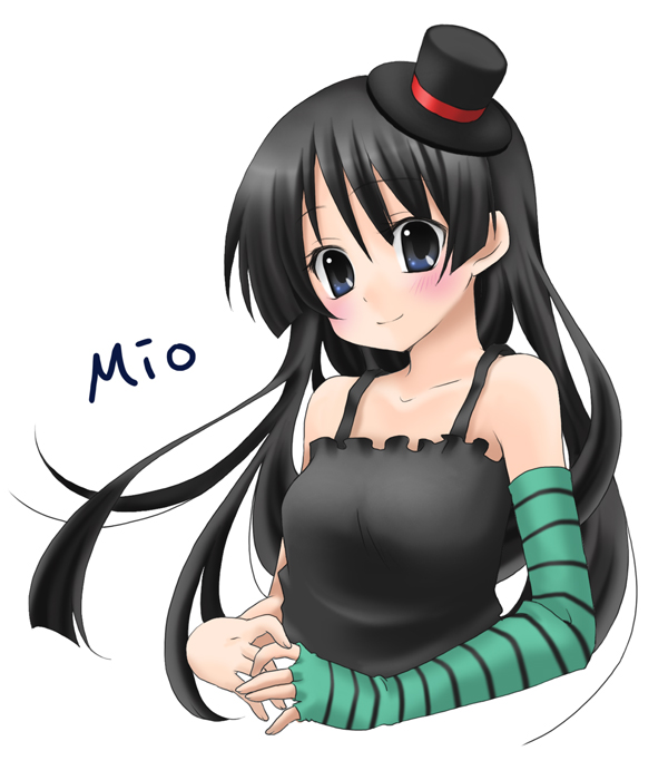 1211wakana, akiyama mio, don't say "lazy", k-on!, striped, bad id, bad pixiv id, 1girl, black hair, blue eyes, female focus, fingerless gloves, gloves, hat, long hair, mini hat, mini top hat, solo, top hat, white background