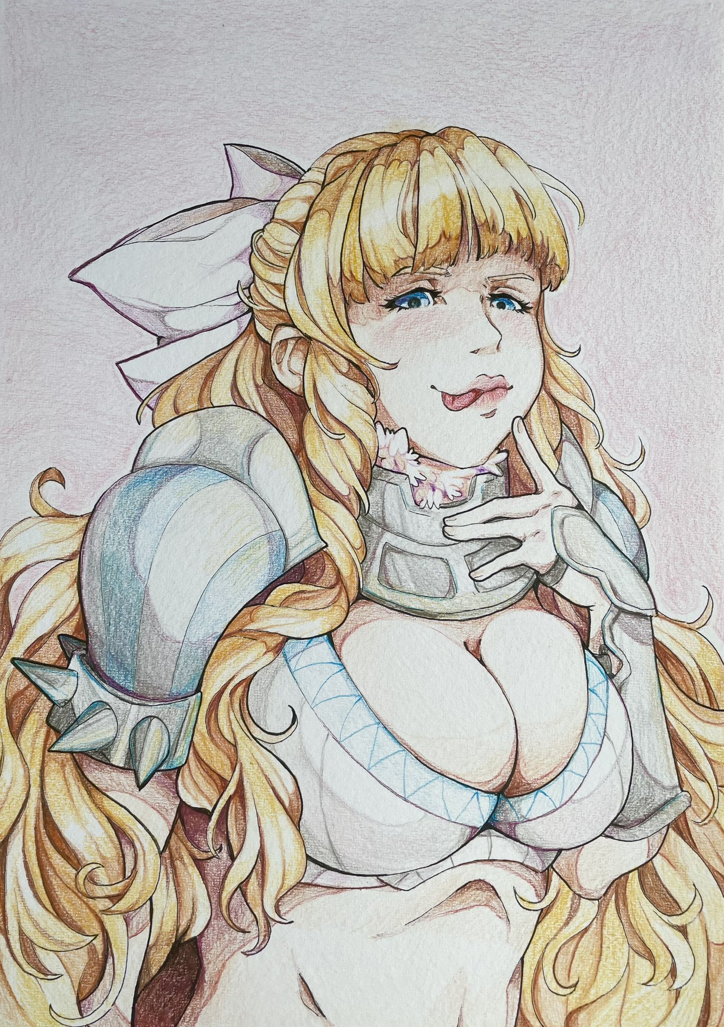 charlotte (fire emblem), fire emblem, fire emblem fates, nintendo, 1girl, armor, blonde hair, blue eyes, bow, breasts, cleavage, finger to mouth, fur trim, gorget, hair bow, large breasts, long hair, looking at viewer, midriff peek, myrskymerkki, pauldrons, shoulder armor, simple background, solo, tongue, tongue out, wavy hair
