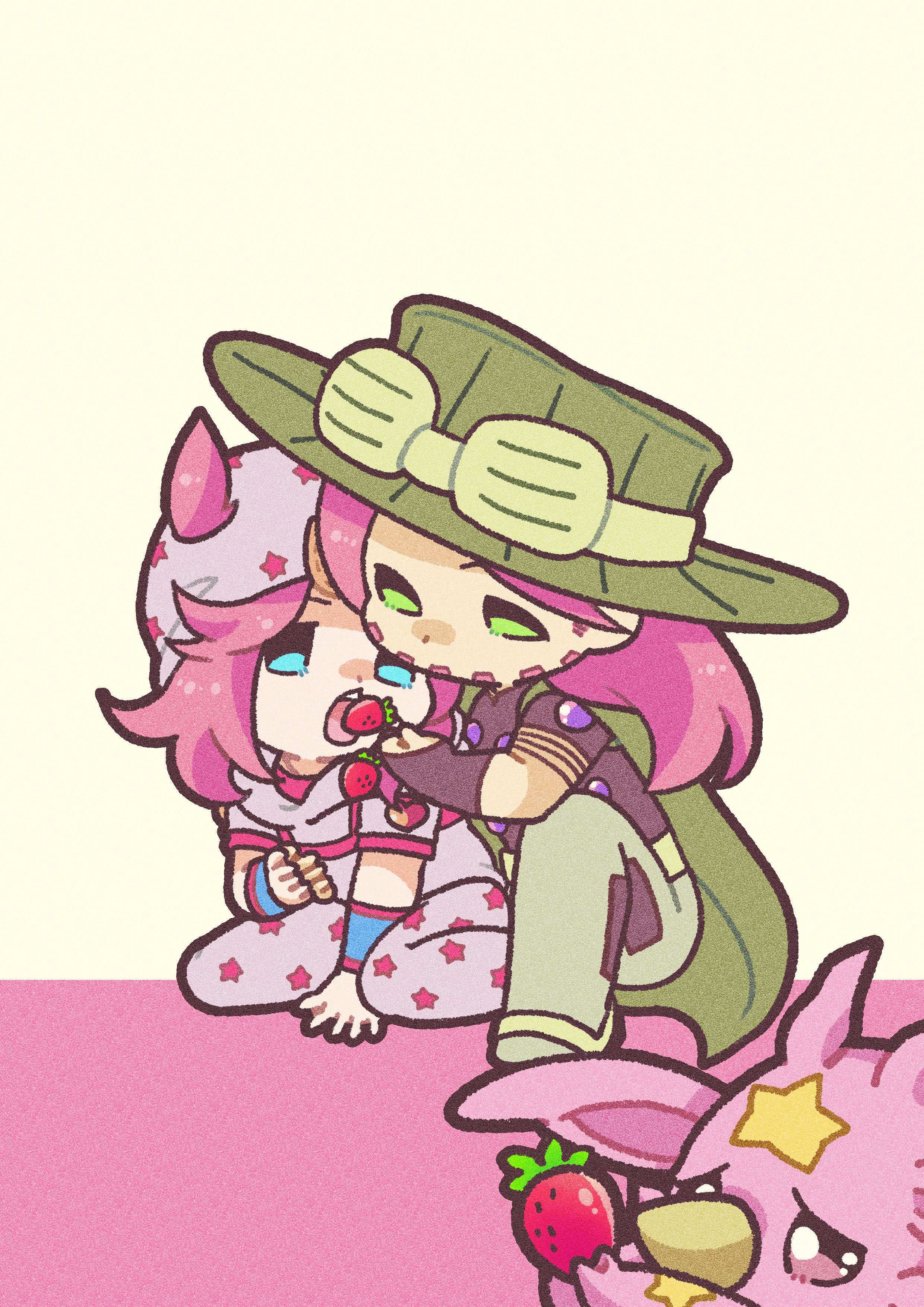 m a a m 8, gyro zeppeli, johnny joestar, tusk (stand), tusk act1, jojo no kimyou na bouken, steel ball run, absurdres, commentary, highres, symbol-only commentary, 2boys, arm warmers, beanie, beard, blue arm warmers, blue eyes, bridal gauntlets, cape, chibi, chibi only, cowboy hat, eating, facial hair, feeding, food, fruit, goggles, goggles on headwear, green cape, green eyes, green hat, green pants, hat, heart ornament, holding, holding food, holding fruit, hood, hood down, hoodie, horseshoe hat ornament, horseshoe ornament, long hair, male focus, medium hair, multiple boys, open mouth, pants, pink hair, pink hat, pink hoodie, pink pants, purple bridal gauntlets, purple shirt, shirt, spurs, stand (jojo), star (symbol), star print, strawberry, yaoi