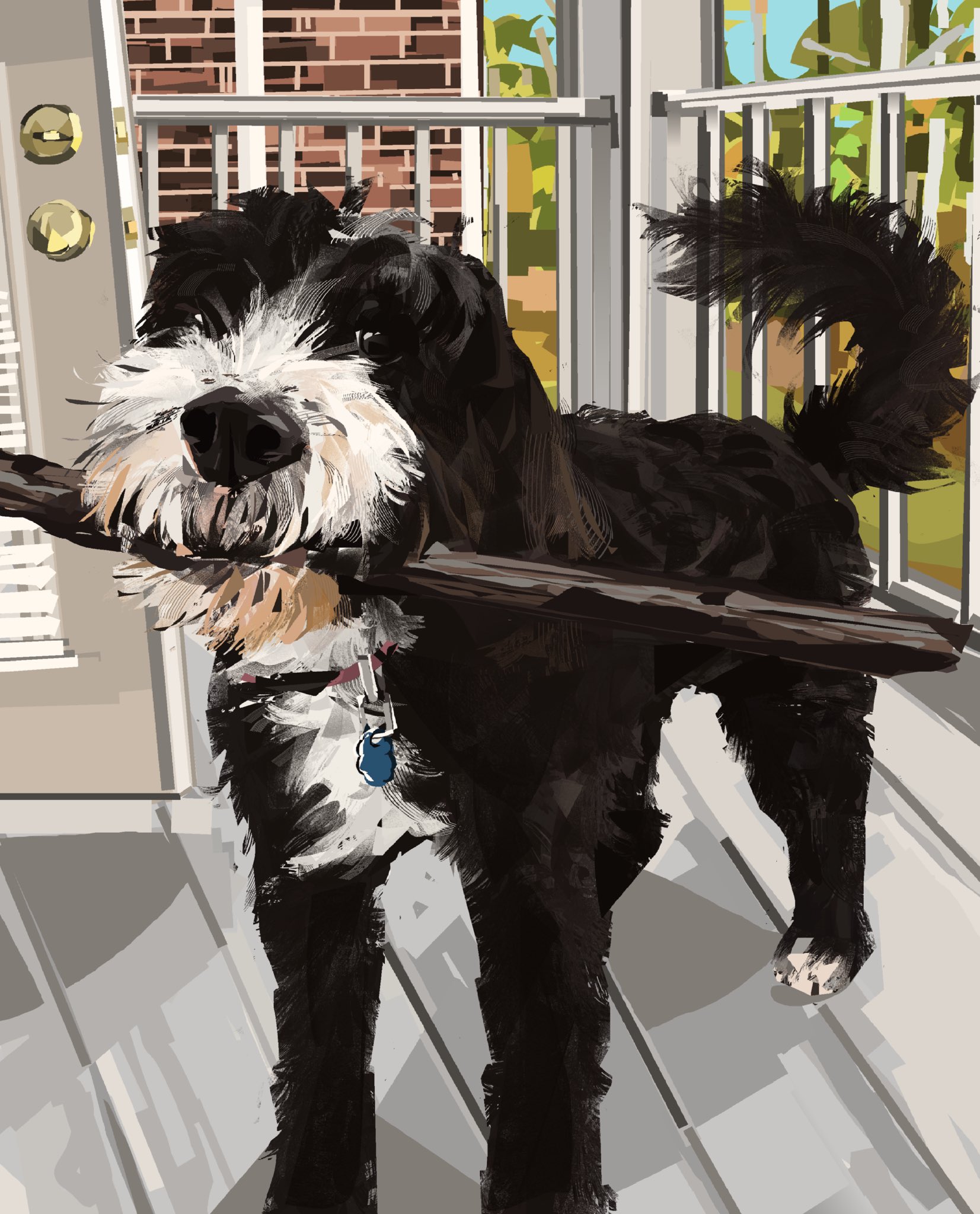 junbuug, original, commentary, english commentary, highres, animal focus, collar, day, dog, facing viewer, grin, open door, outdoors, porch, railing, smile, stick