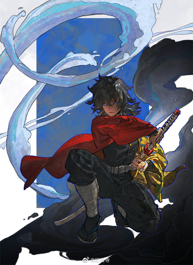 elna, tomioka giyuu, kimetsu no yaiba, chinese commentary, commentary request, 1boy, black hair, black socks, blue eyes, coat, holding, holding sword, holding weapon, long hair, red coat, socks, solo, squatting, sword, waves, weapon